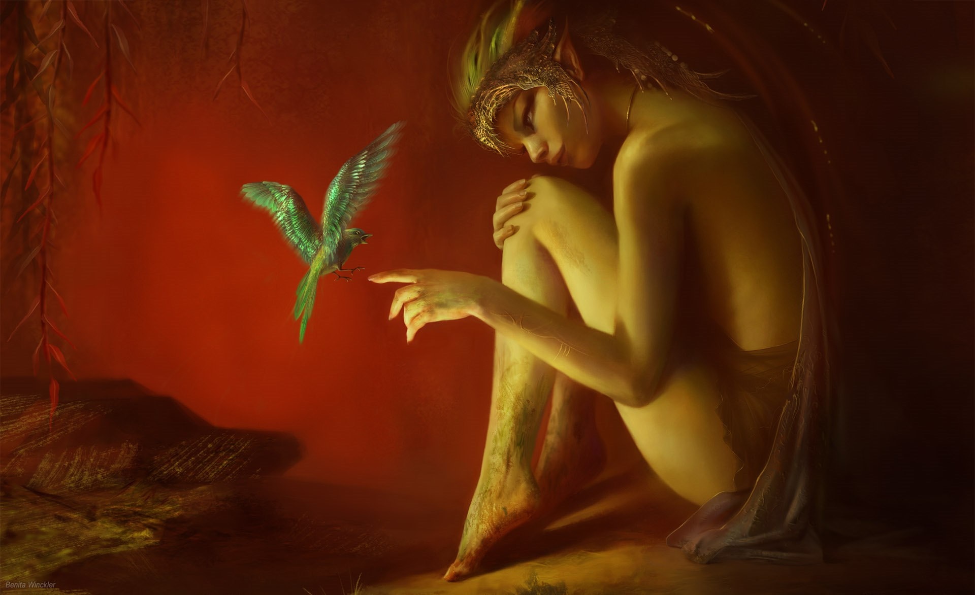 Fantasy art of a fairy with a bird HD Wallpaper