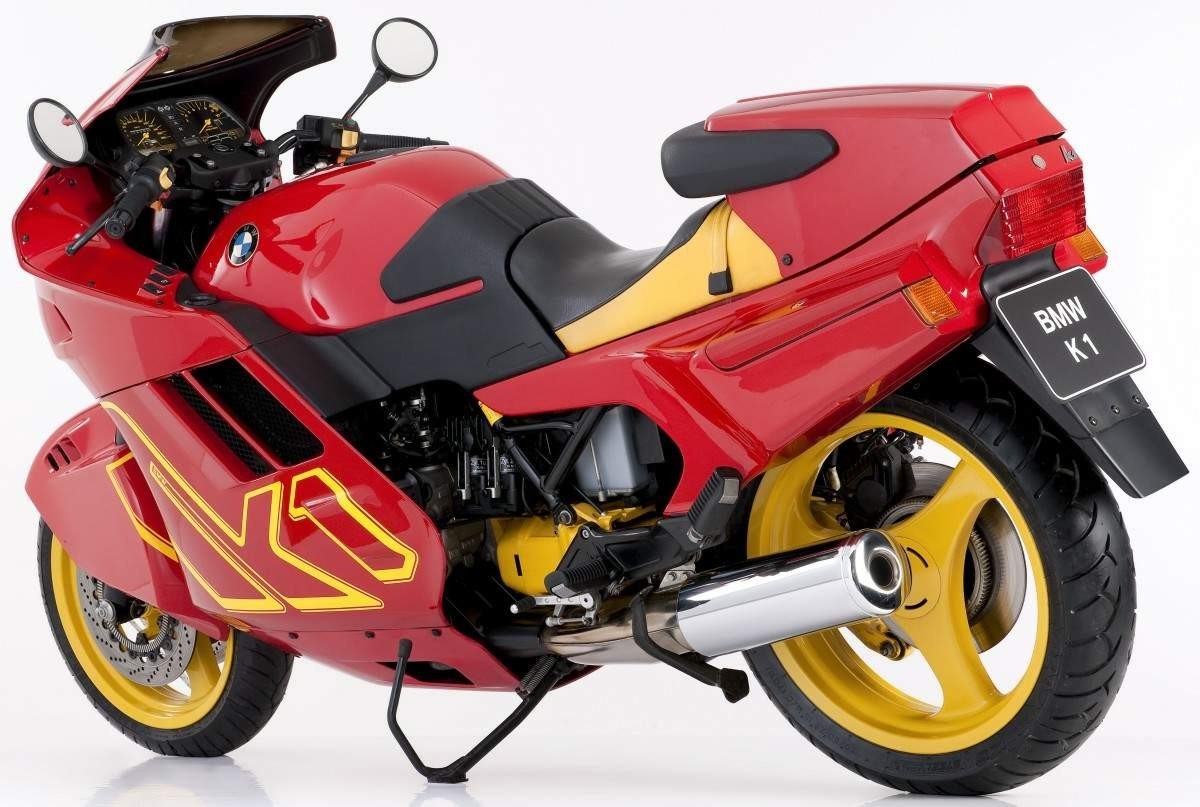 Red BMW K1 Motorcycle with Yellow Accents HD Wallpaper