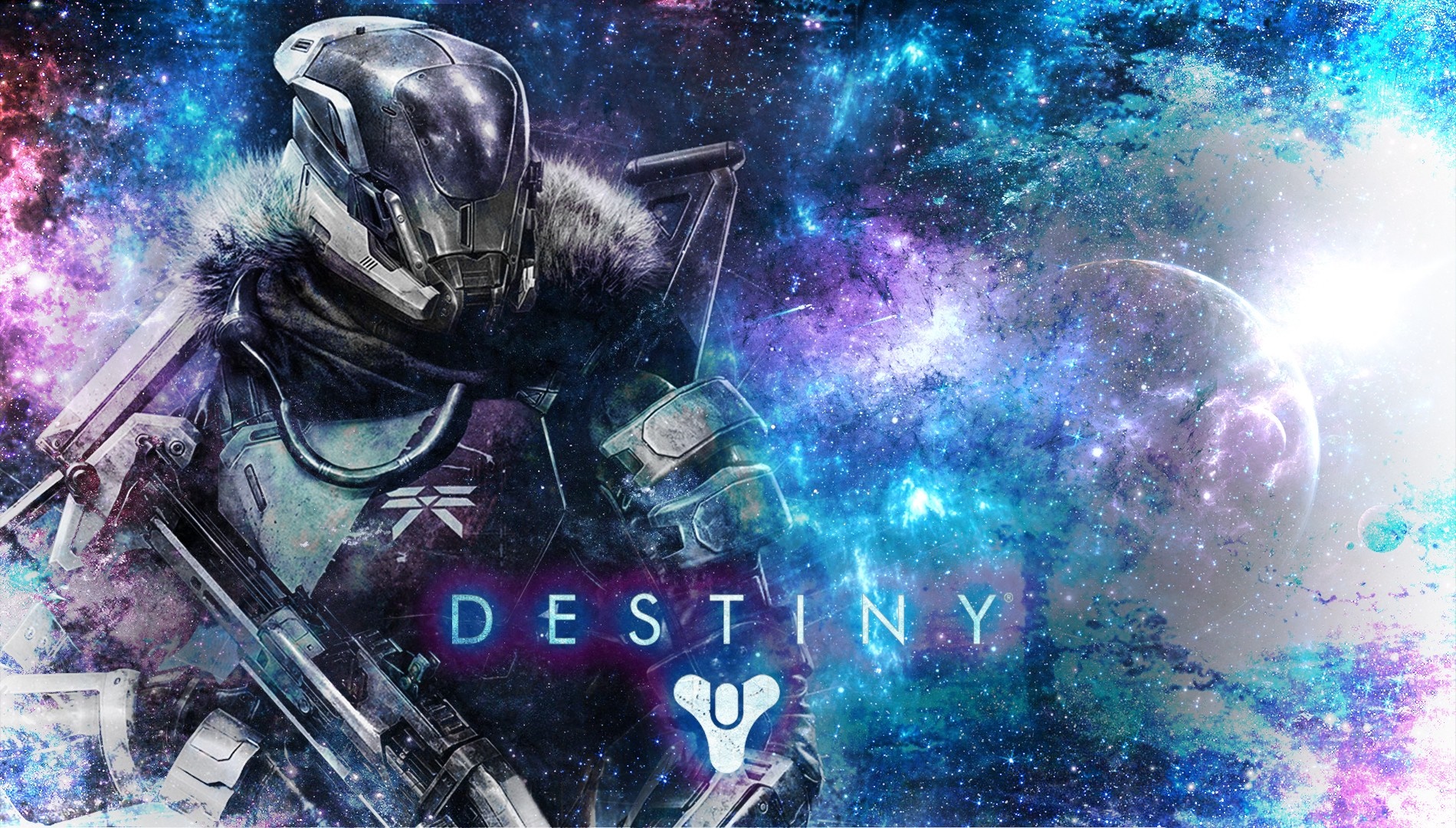Destiny video game art with Guardian and galaxy HD Wallpaper