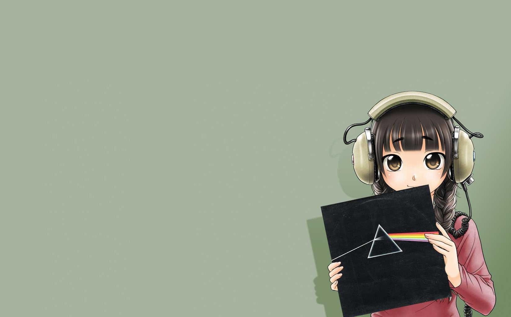 Anime girl with headphones holding Pink Floyd album HD Wallpaper