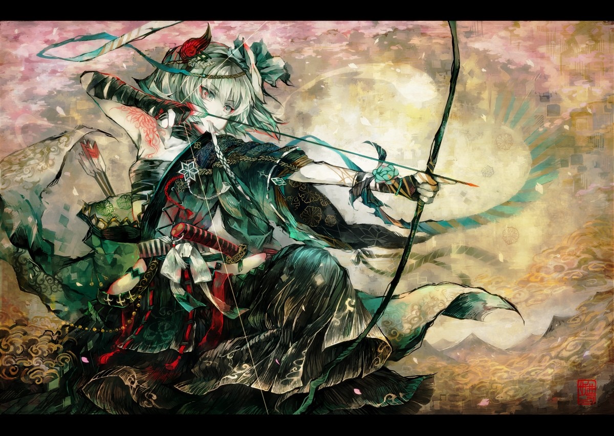 Konpaku Youmu from Touhou with a bow and arrow HD Wallpaper