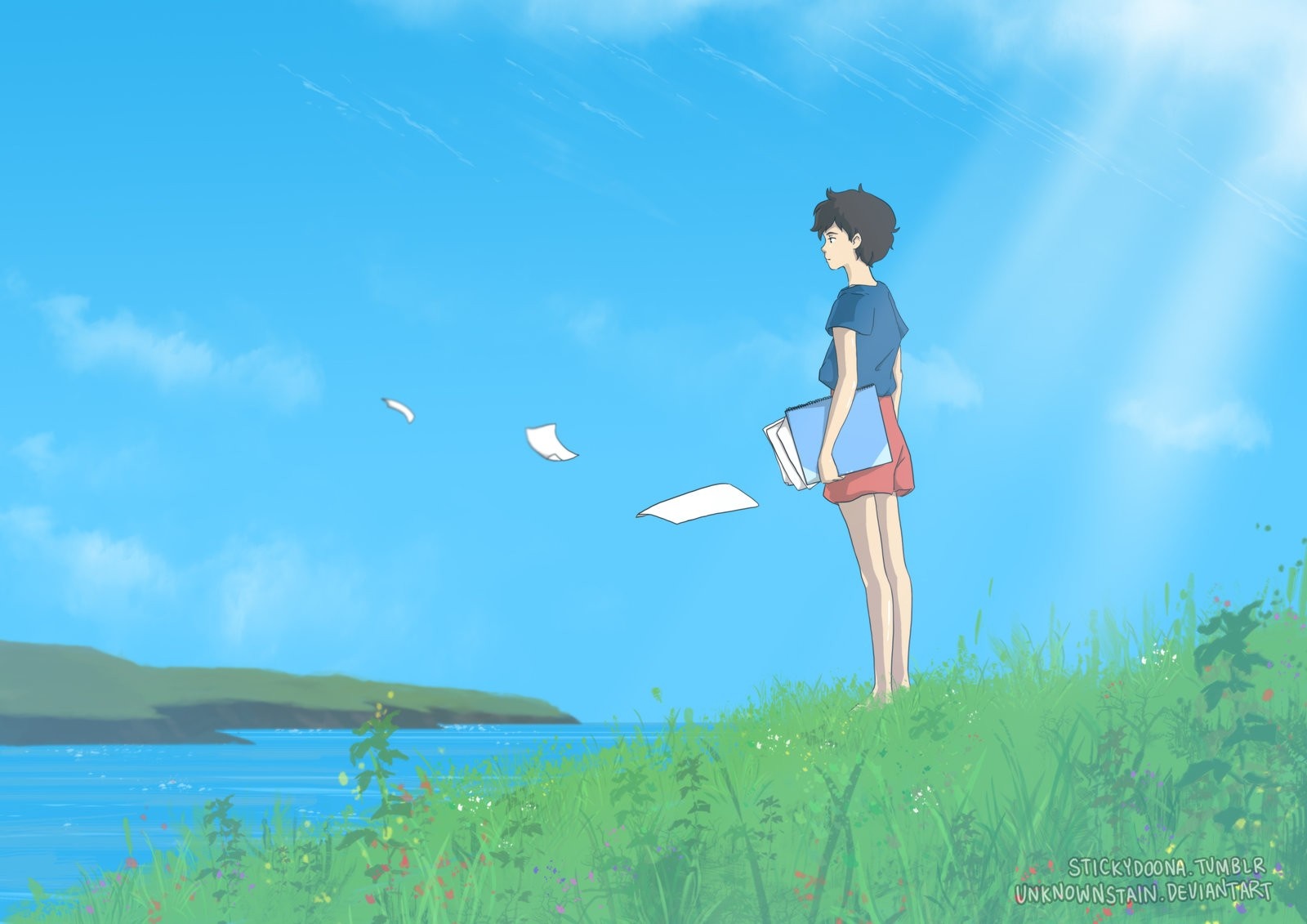 Anime girl with books on a grassy hill overlooking water HD Wallpaper