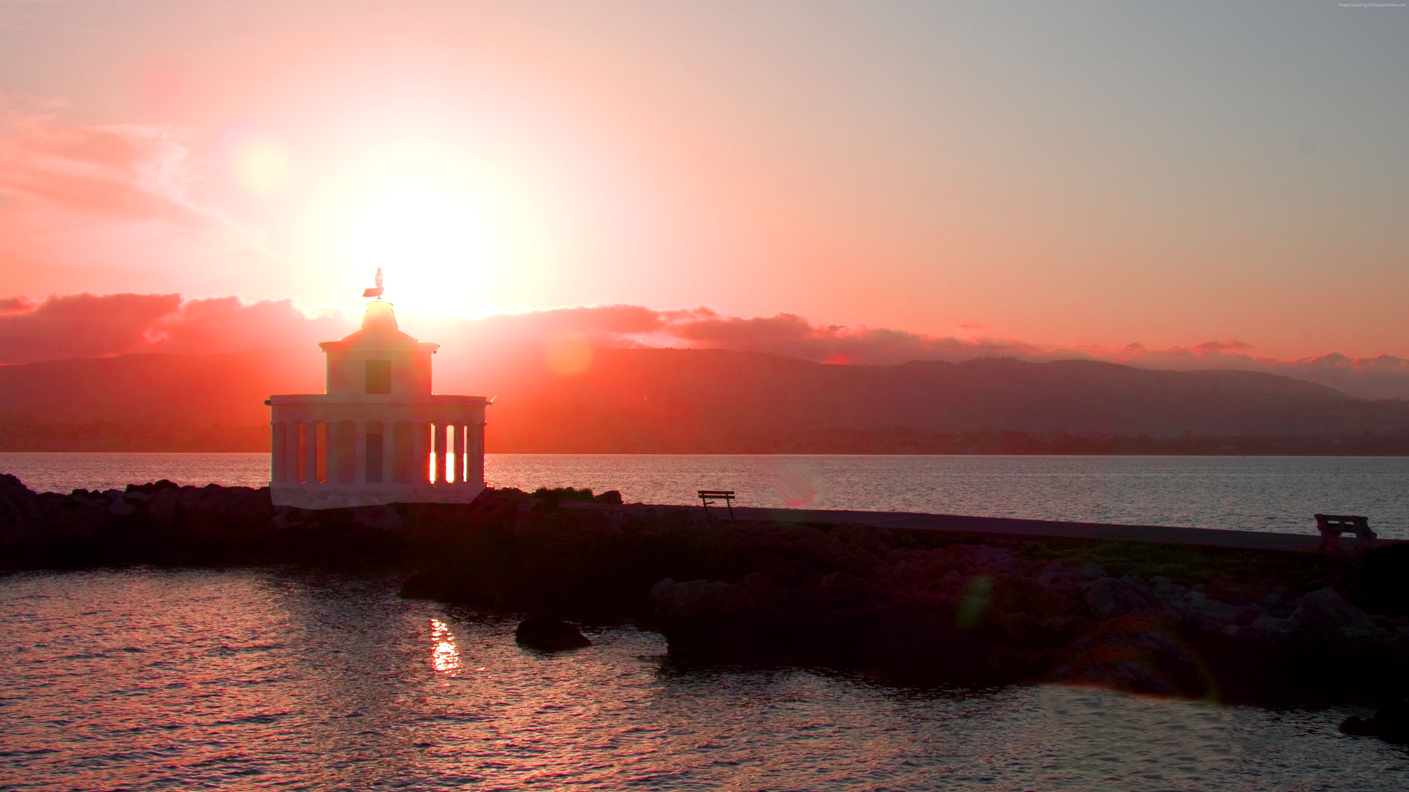 Lighthouse at sunset in Zakynthos, Greece HD Wallpaper