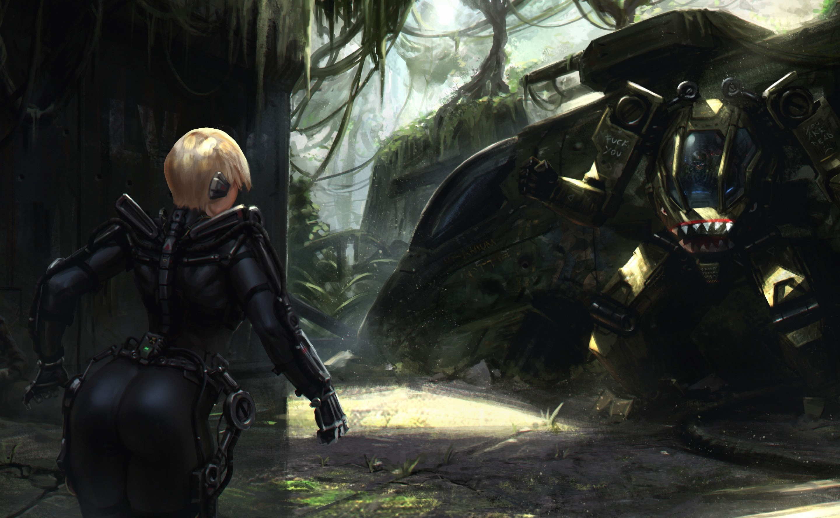 Cyberpunk artwork of a woman facing a mech HD Wallpaper