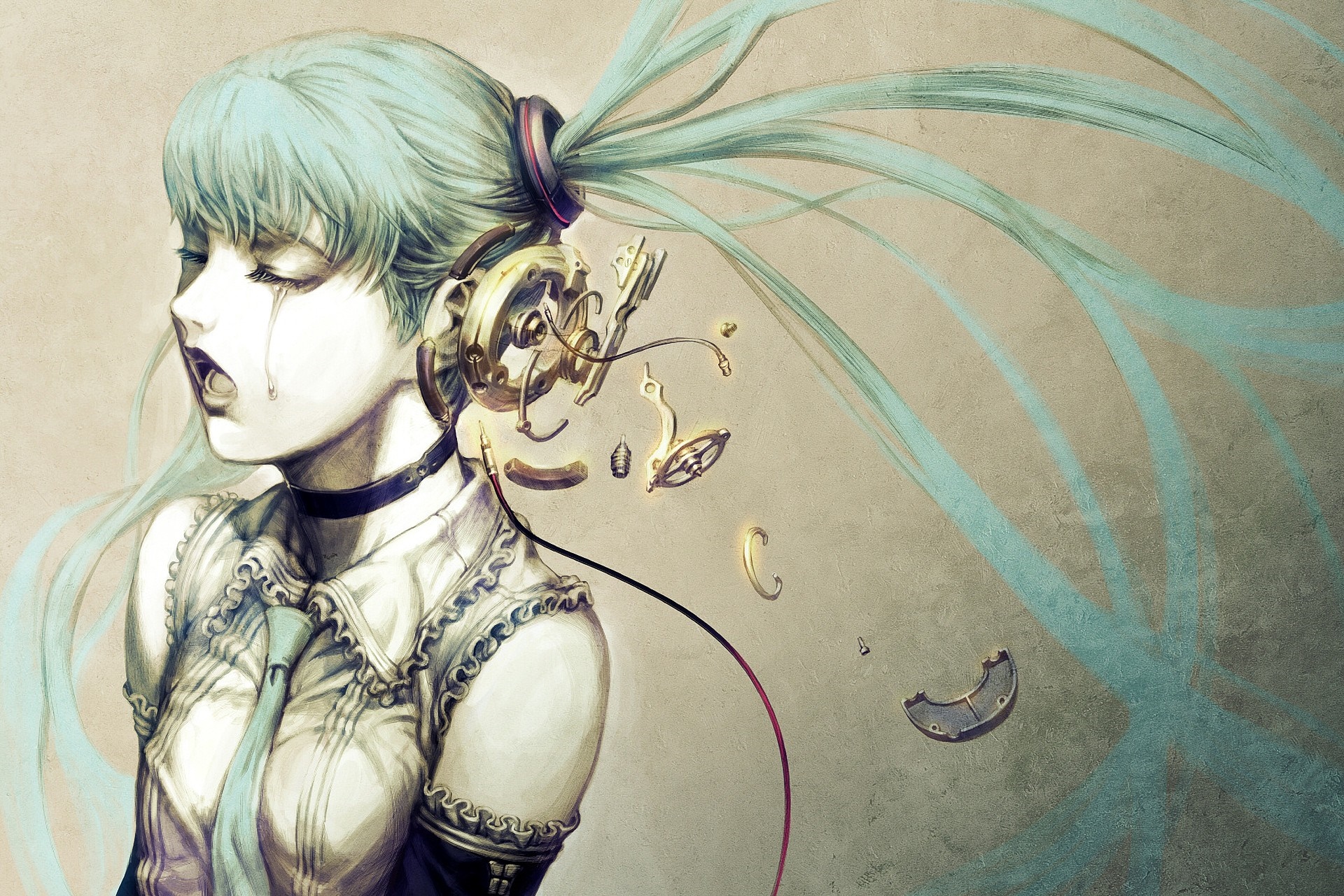 Hatsune Miku with mechanical headphones crying HD Wallpaper