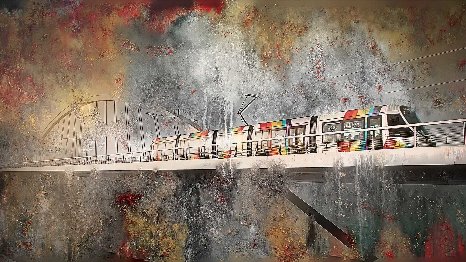 Painting of a modern tram with rainbow colors on a bridge HD Wallpaper