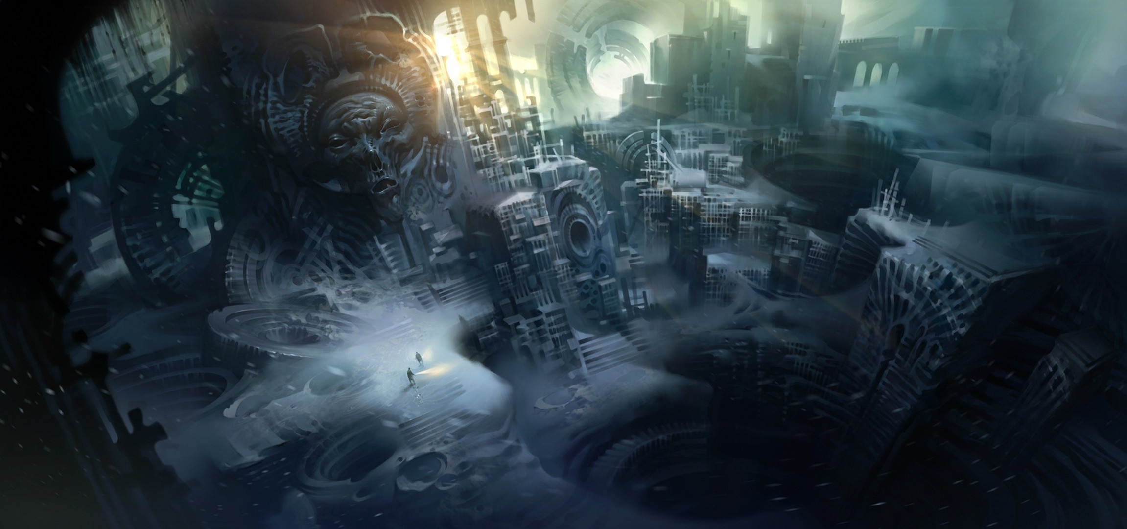 Surreal alien city with giant face sculpture HD Wallpaper