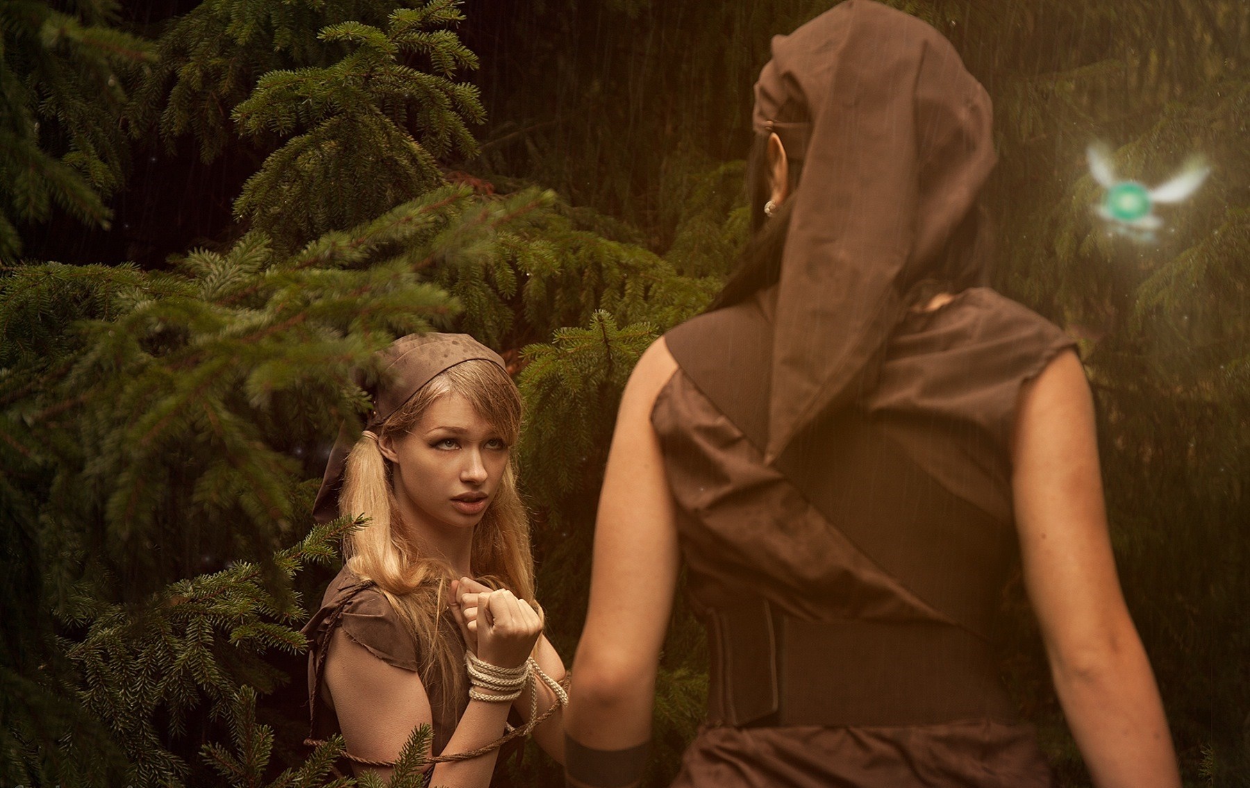 Two women in a forest with a fairy HD Wallpaper