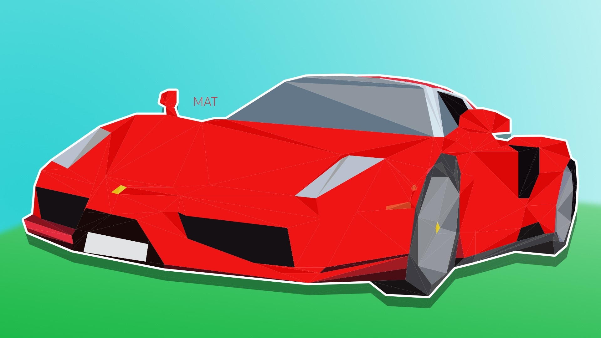 Red low poly Ferrari sports car on green and blue background HD Wallpaper