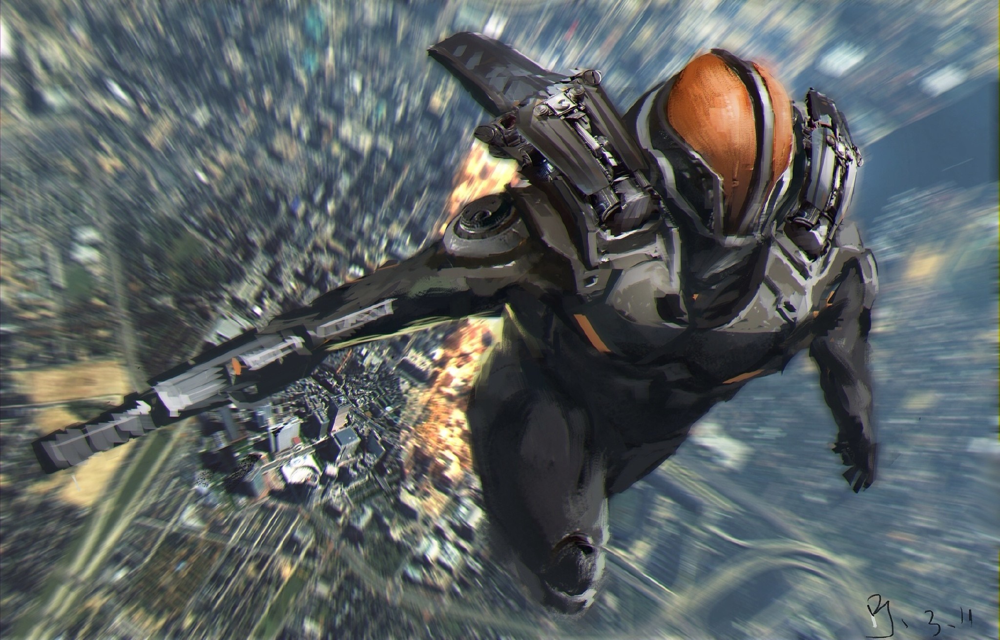 Futuristic soldier flying over a city HD Wallpaper