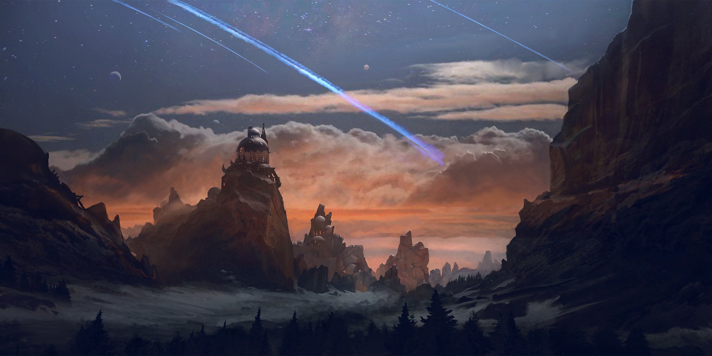 Fantasy landscape with mountains, clouds, and shooting stars HD Wallpaper