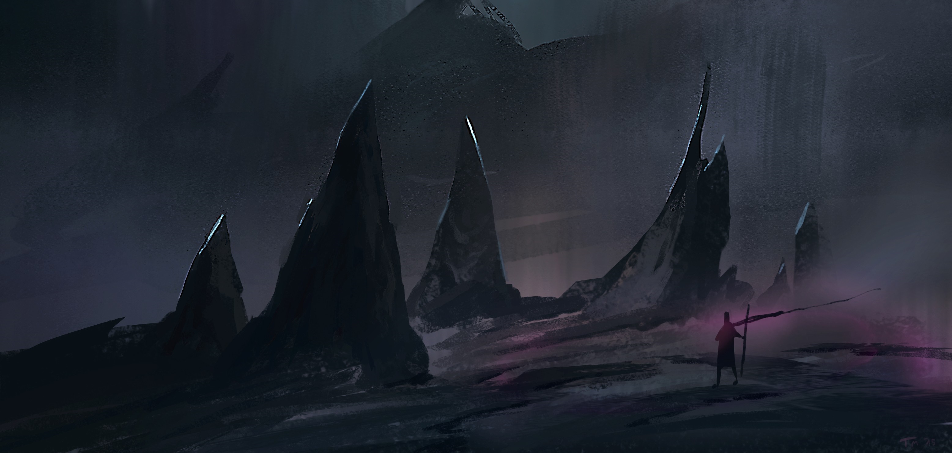 Dark fantasy landscape with sharp rocks and a lone figure HD Wallpaper