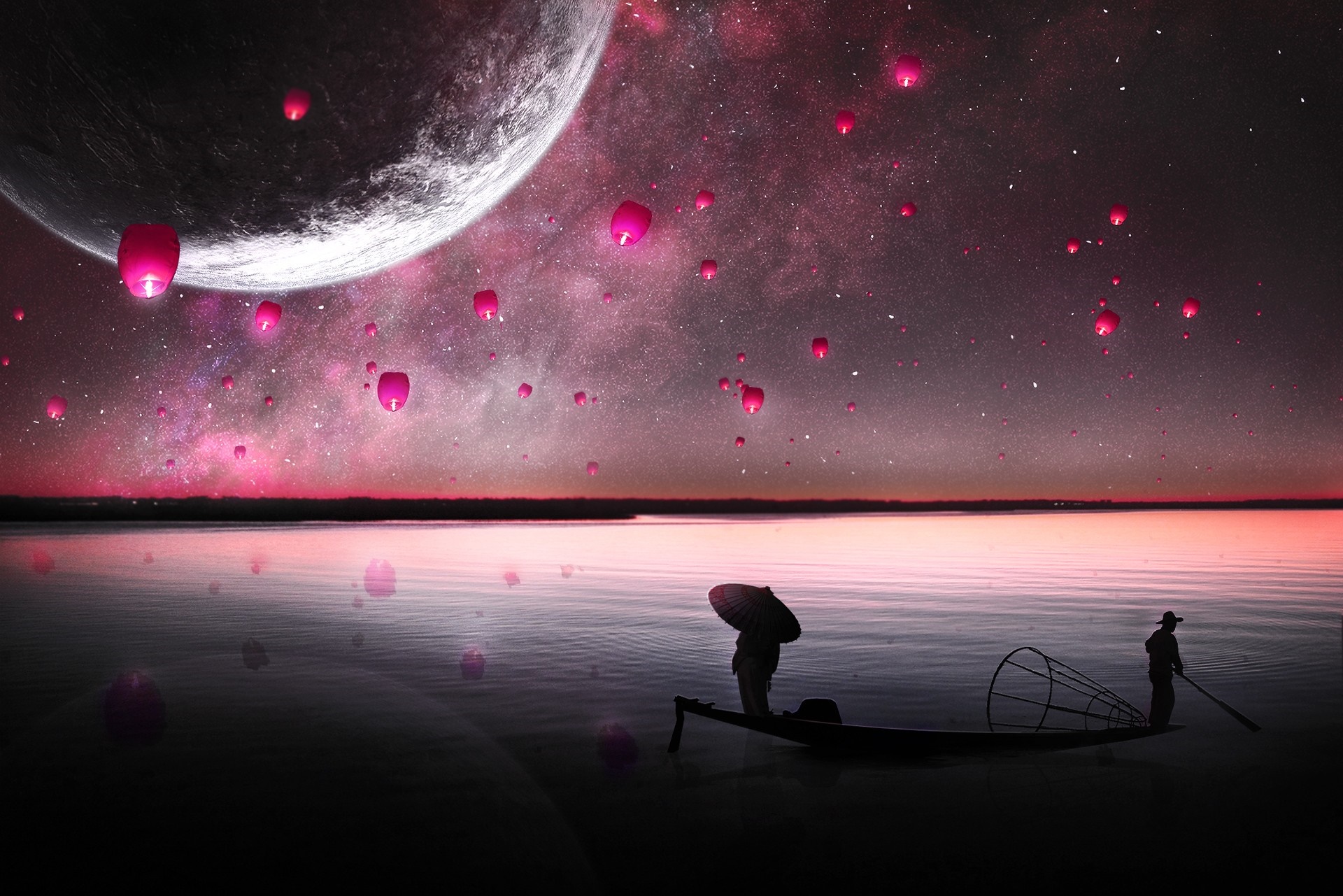 Fantasy night sky with planet and lanterns over water HD Wallpaper