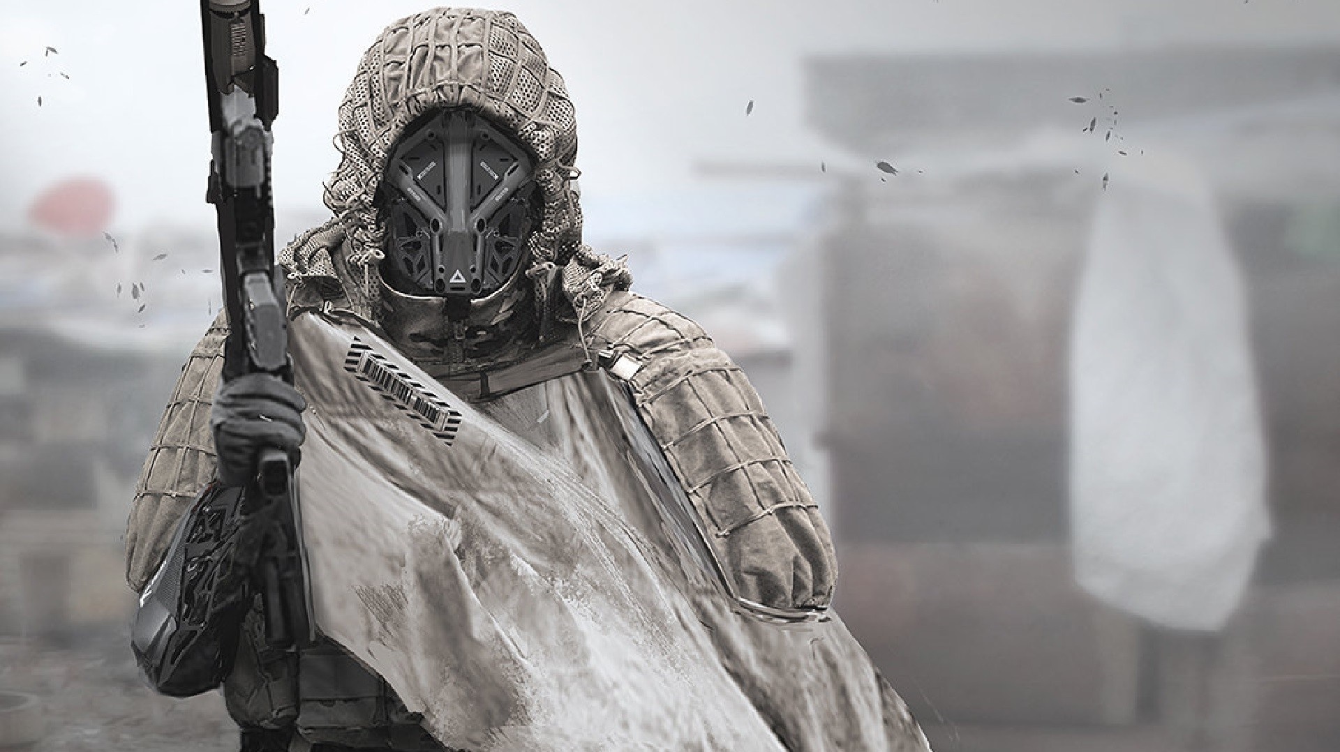 Futuristic soldier in camouflage holding a rifle HD Wallpaper
