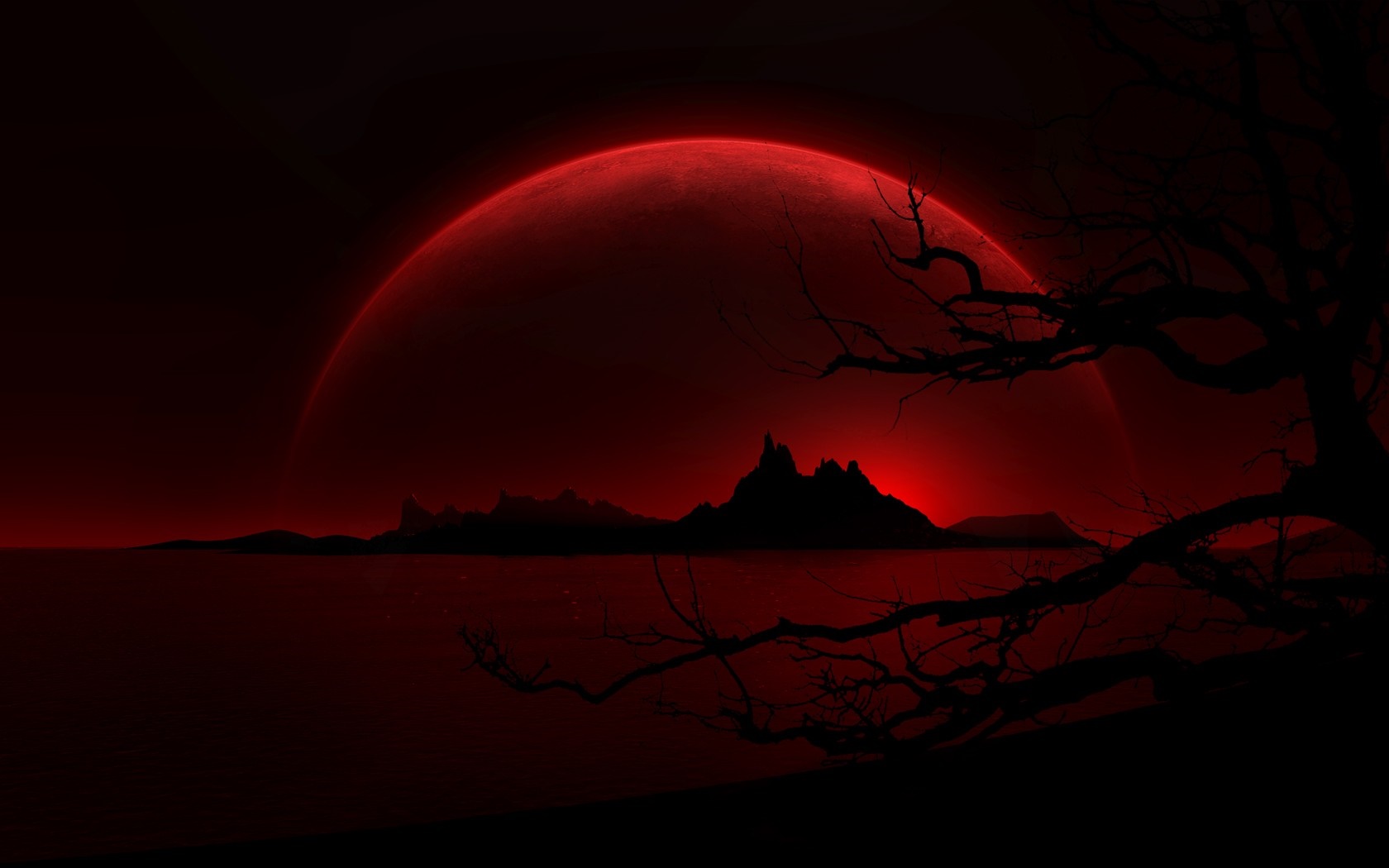 Red moon over a dark landscape with a silhouetted tree HD Wallpaper