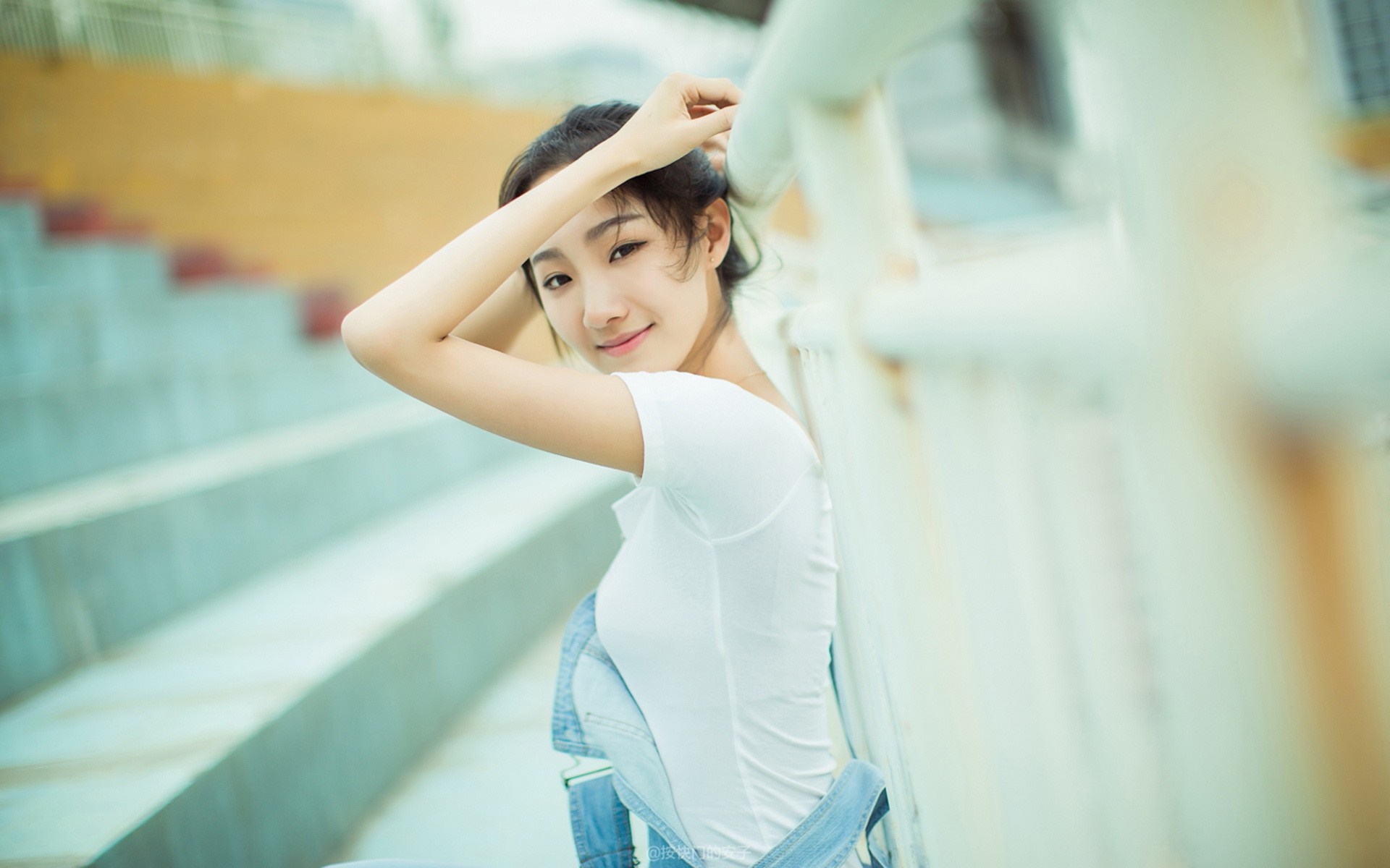Woman in white shirt and denim overalls HD Wallpaper