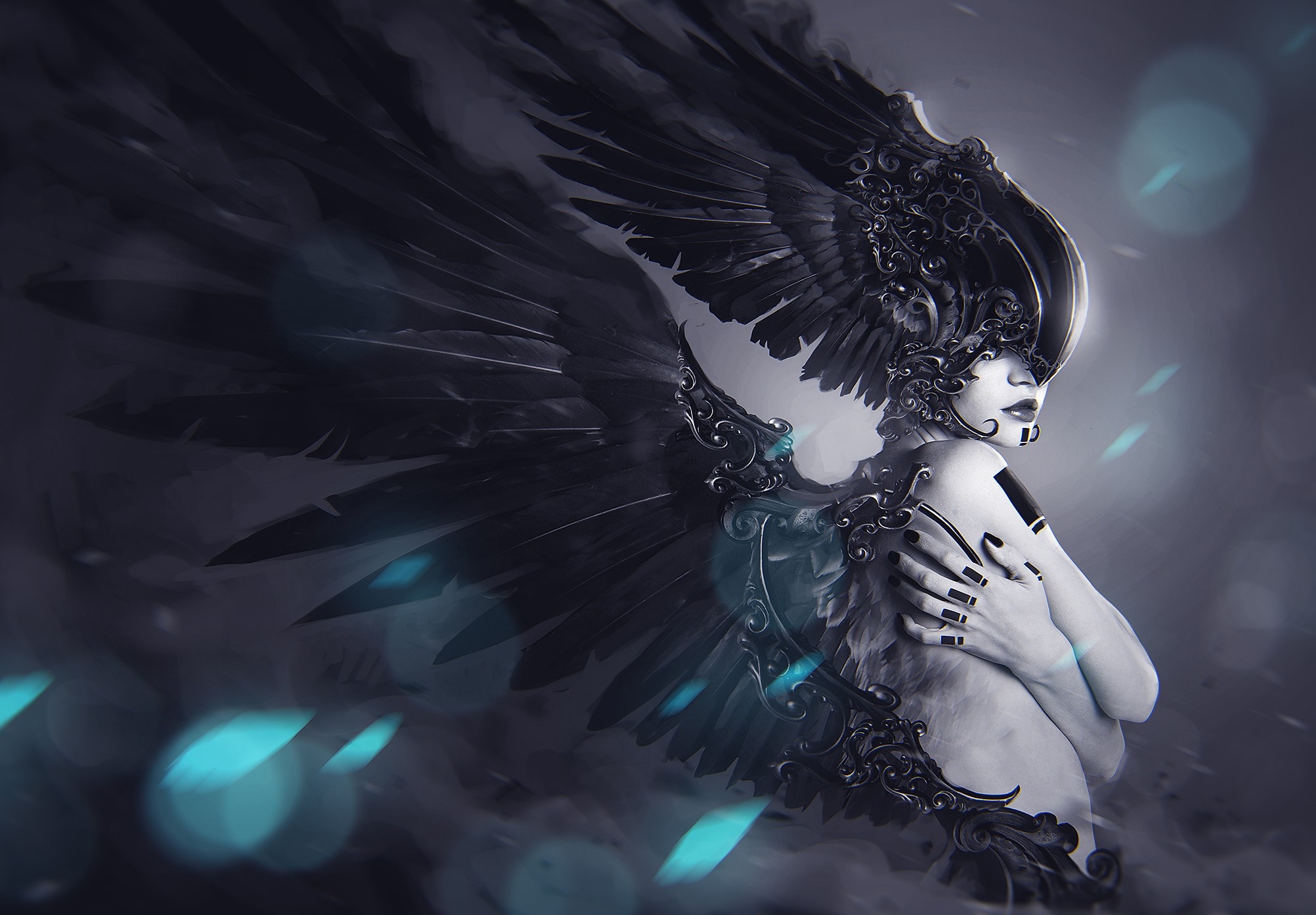 Fantasy art of a winged figure with ornate headpiece HD Wallpaper