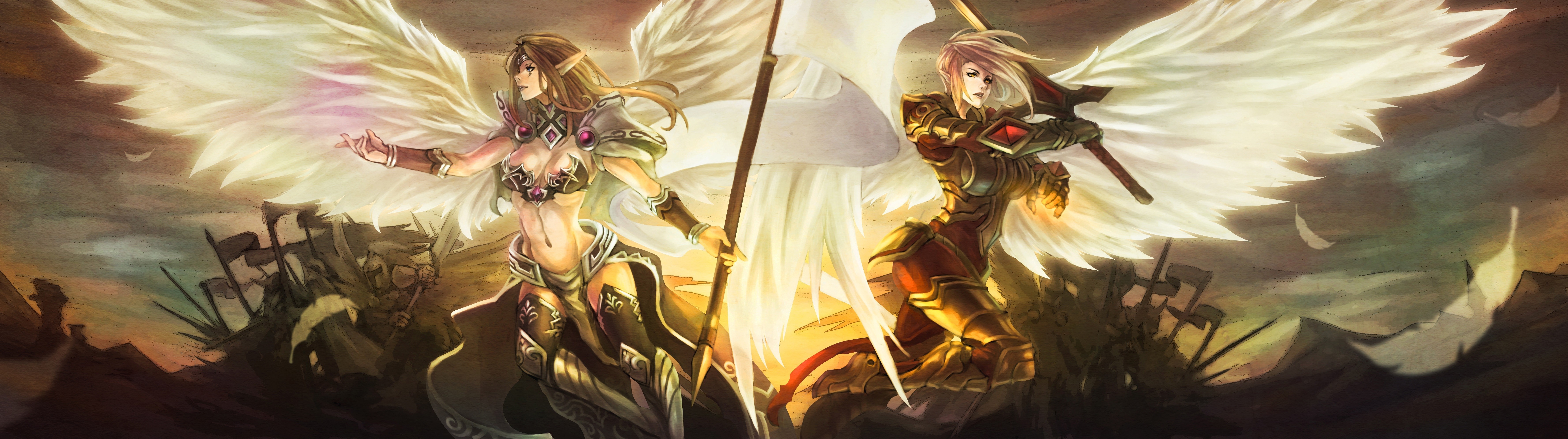 Two winged female warriors with swords and spears HD Wallpaper