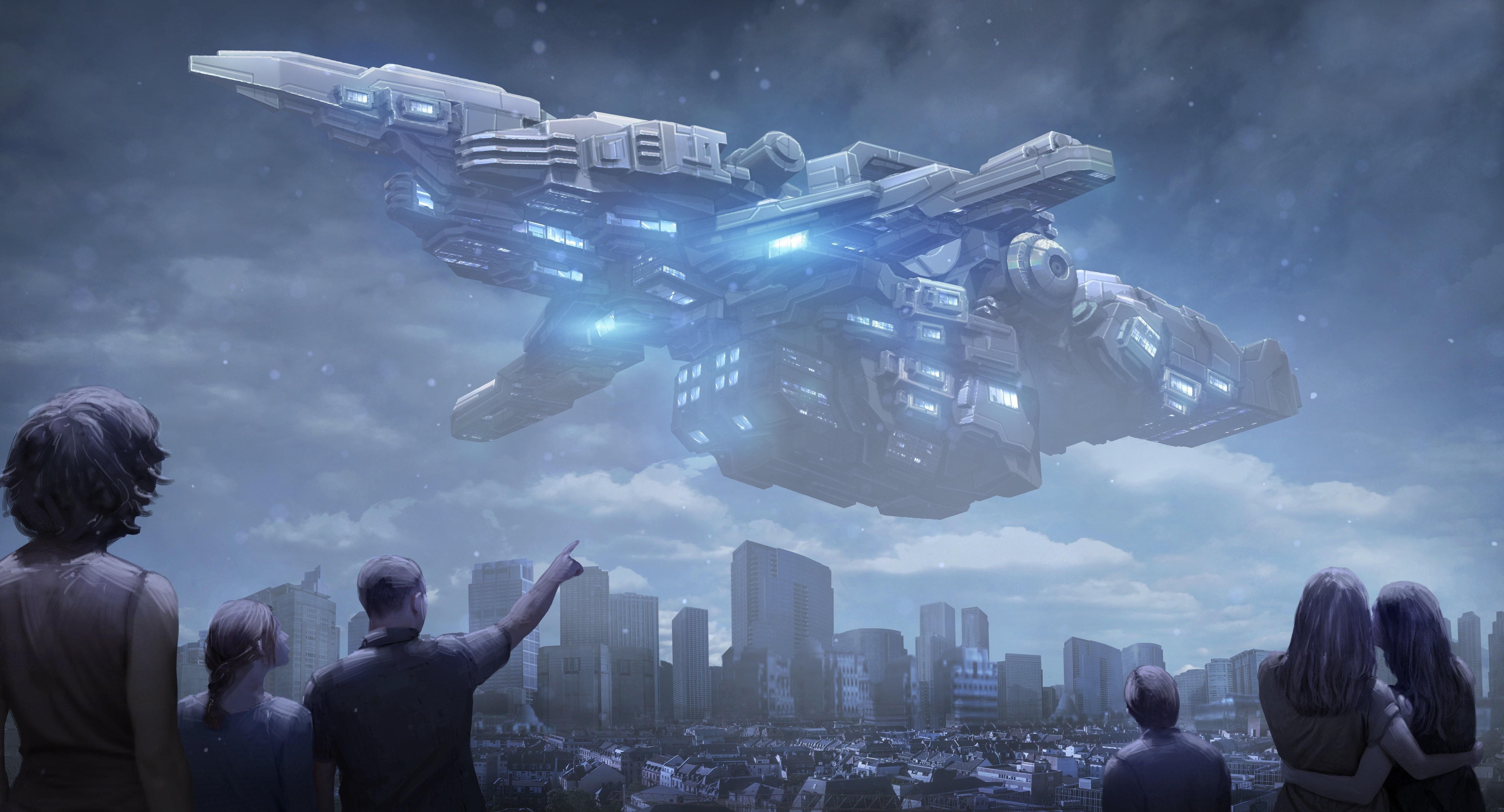 Futuristic spaceship hovering over a city with people watching HD Wallpaper