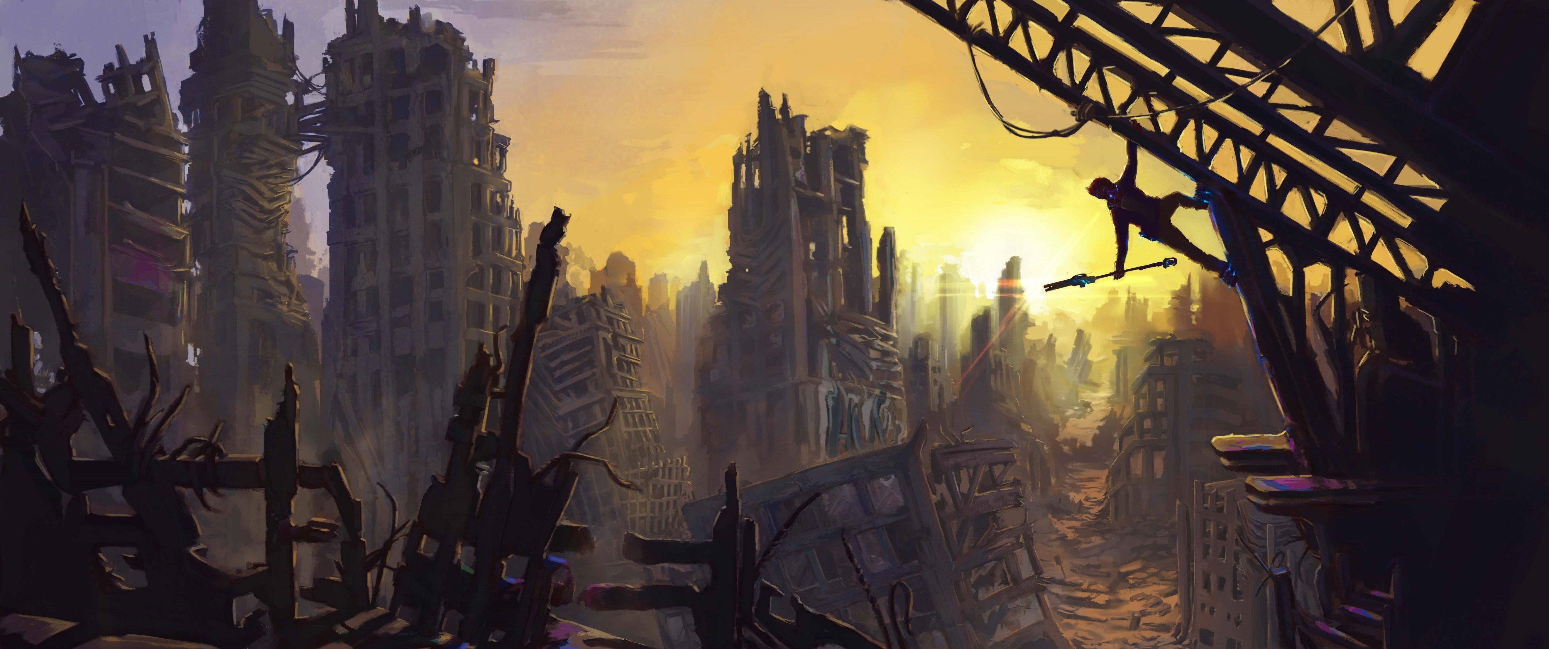 Artwork of a person on a structure in a ruined city HD Wallpaper