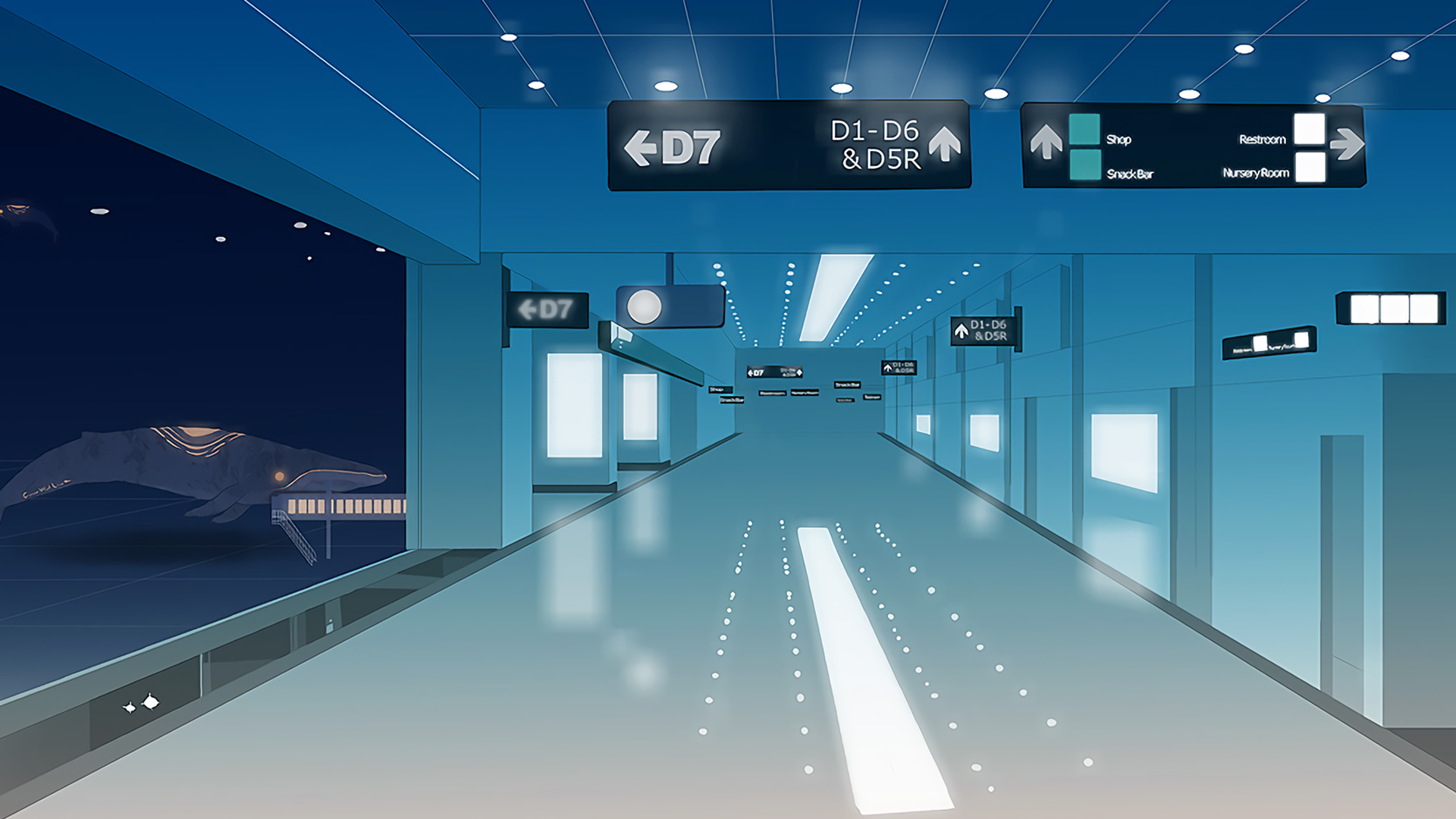Surreal airport hallway with a whale HD Wallpaper