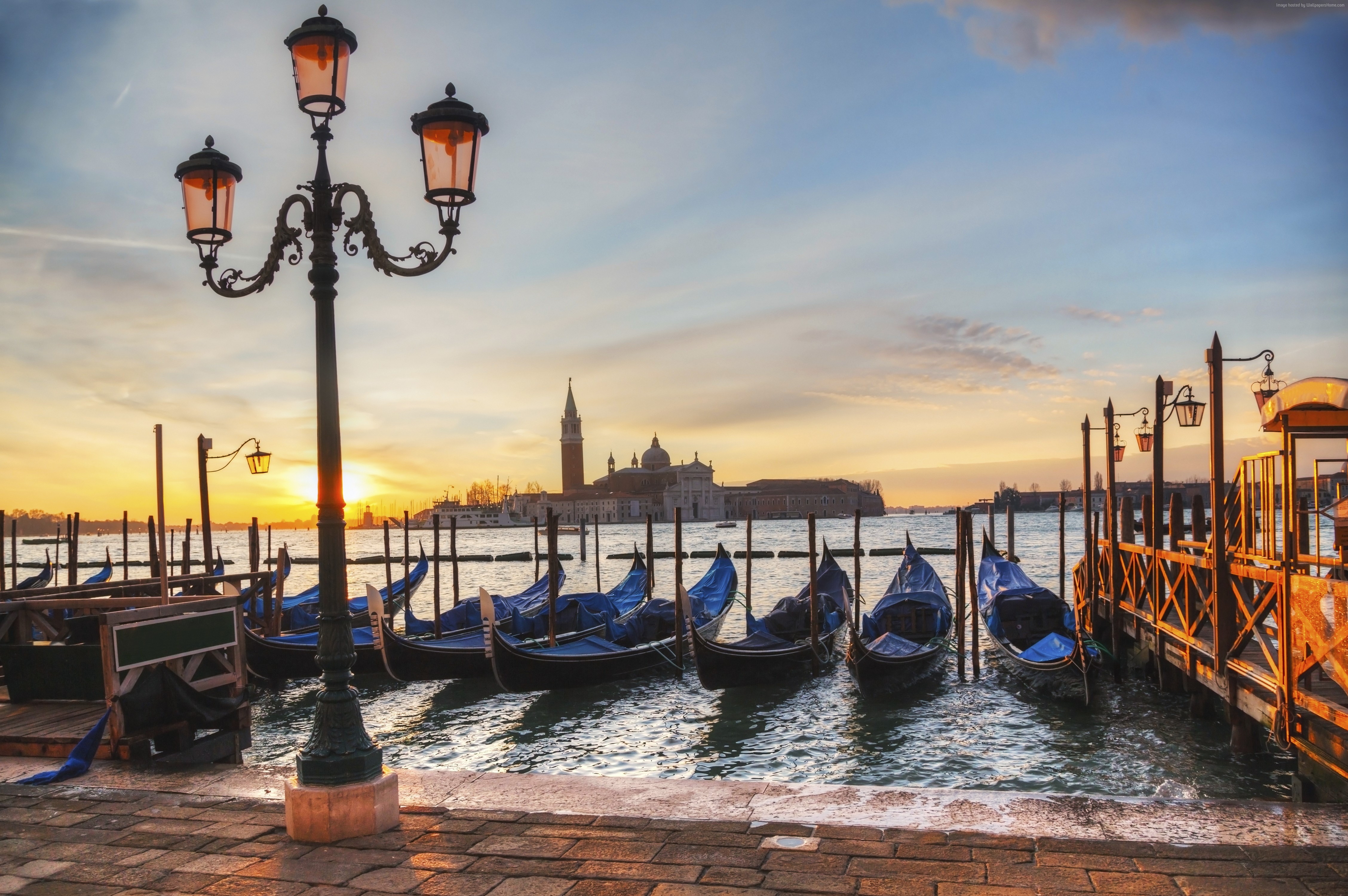 Gondolas in Venetian Lagoon at sunset HD Wallpaper