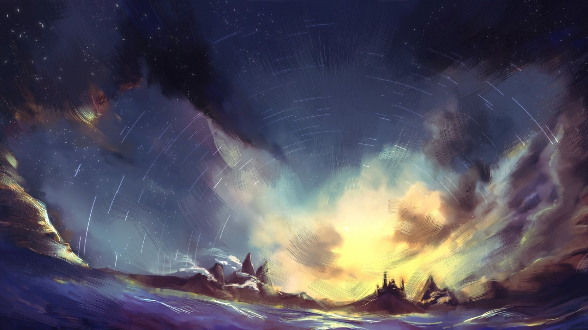 Fantasy landscape with starry sky and glowing clouds HD Wallpaper