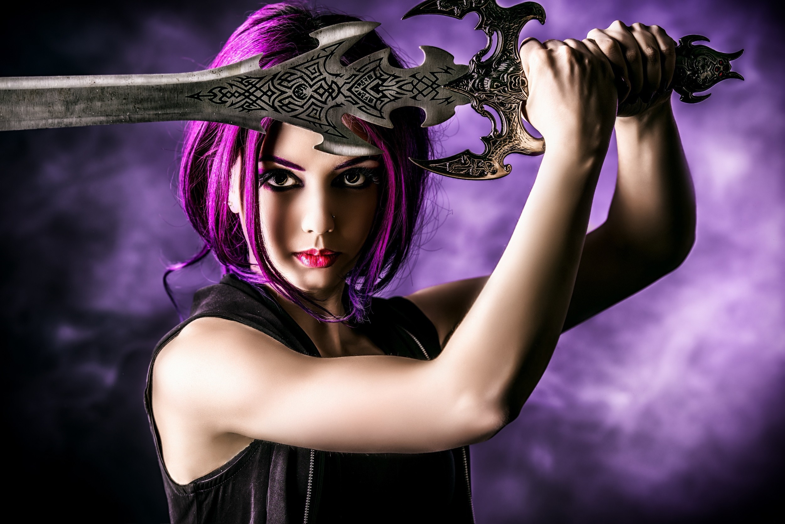 Woman with purple hair holding a sword HD Wallpaper