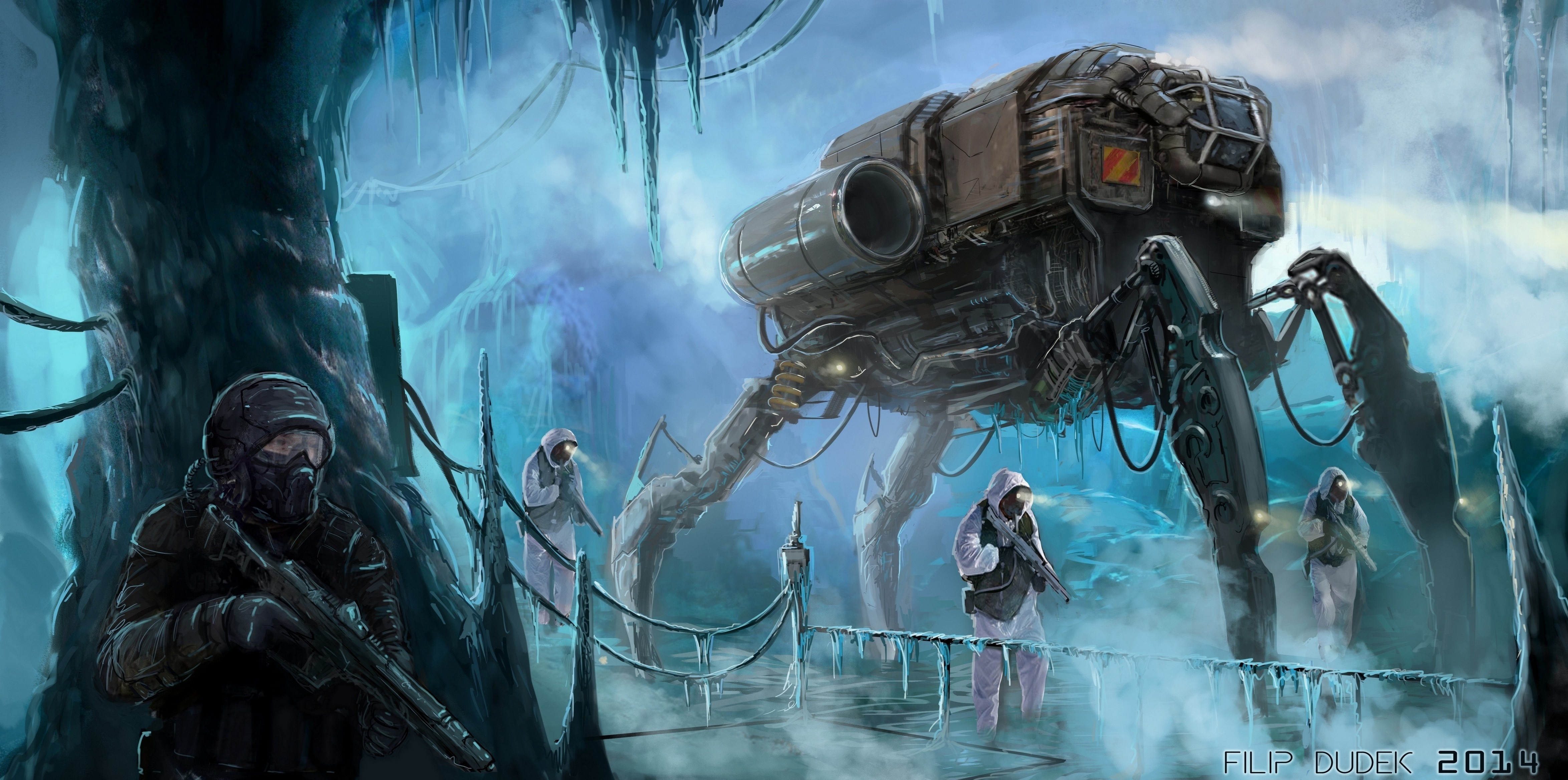 Futuristic exploration in an icy environment with a mechanical walker and soldiers HD Wallpaper