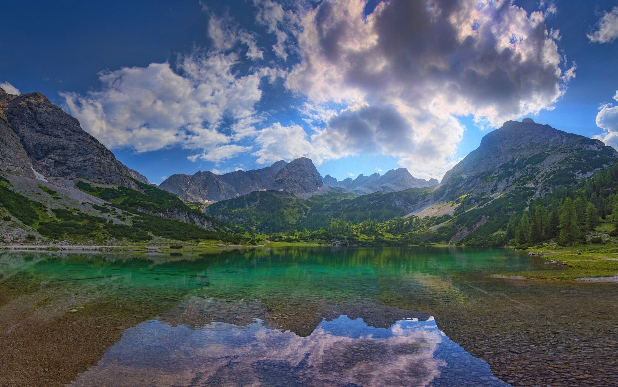 Alpine lake with mountains and clouds reflection HD Wallpaper