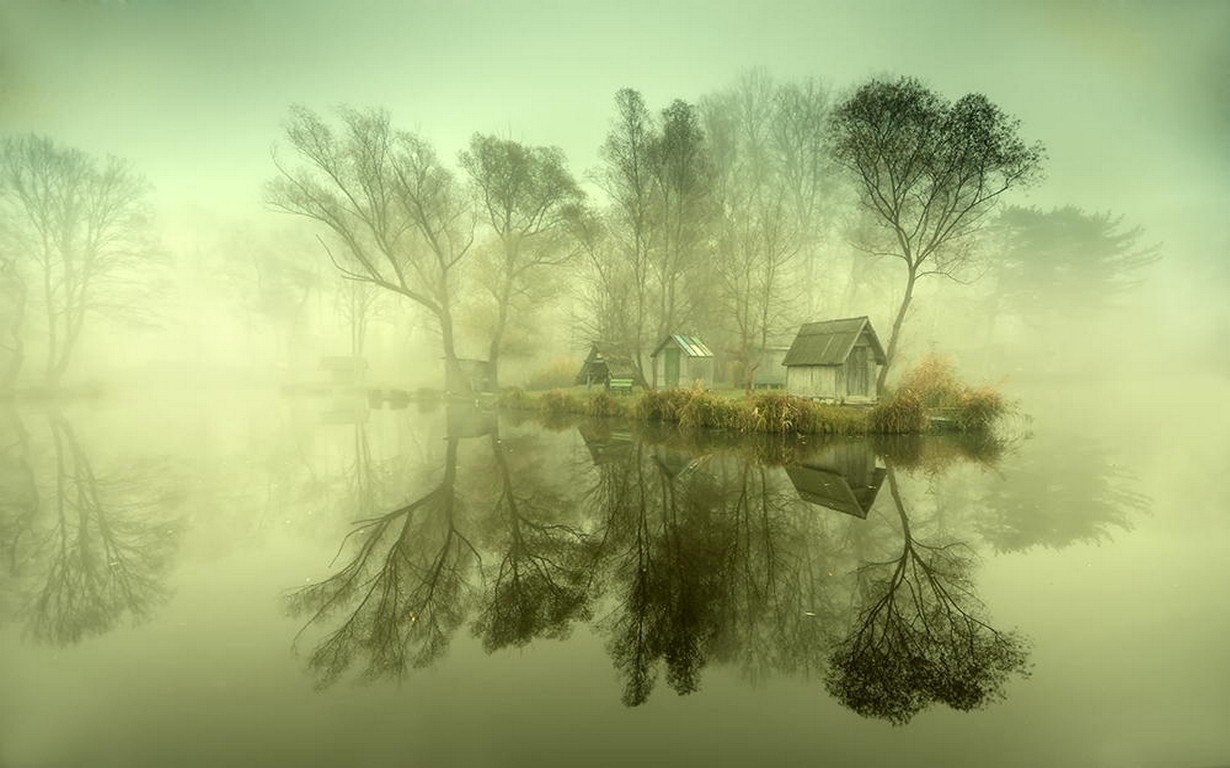 Misty lake with huts and trees HD Wallpaper
