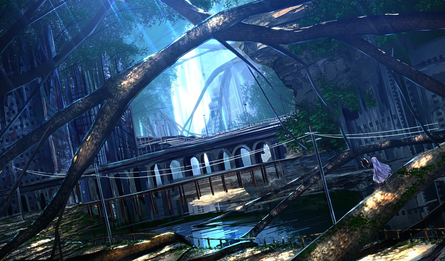 Artwork of a surreal cityscape with overgrown nature HD Wallpaper