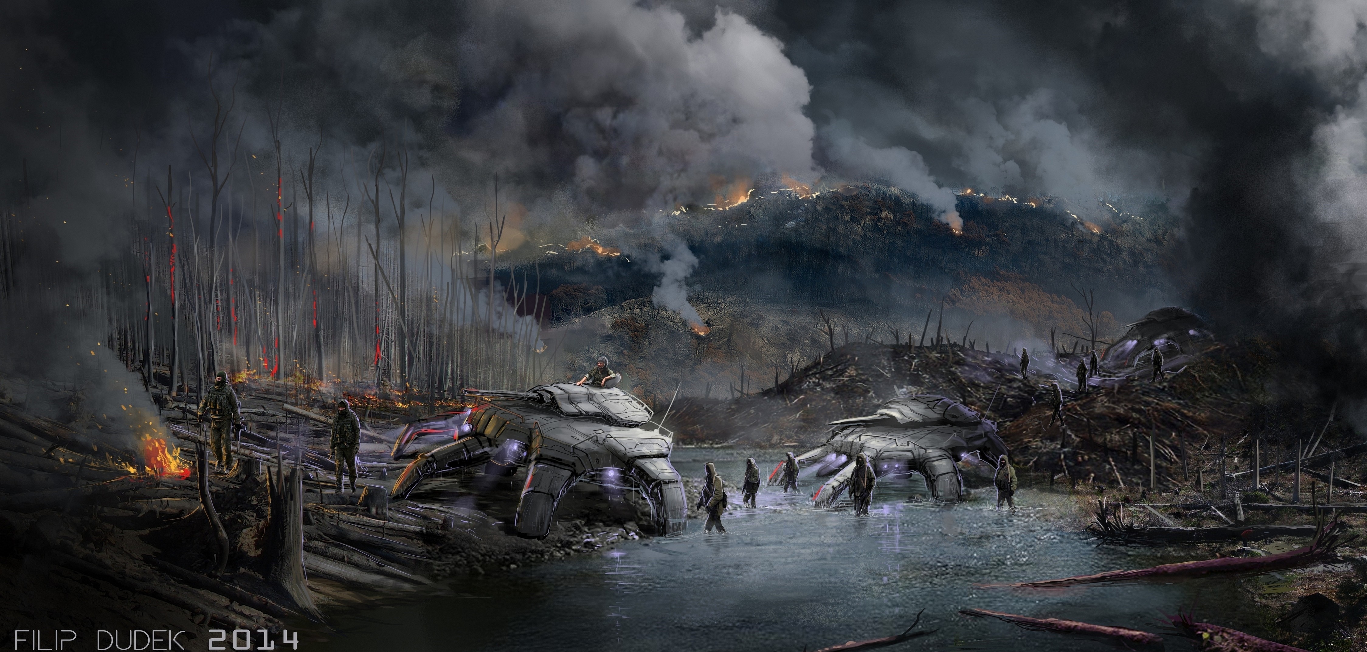 Futuristic war scene with burning landscape and tanks HD Wallpaper