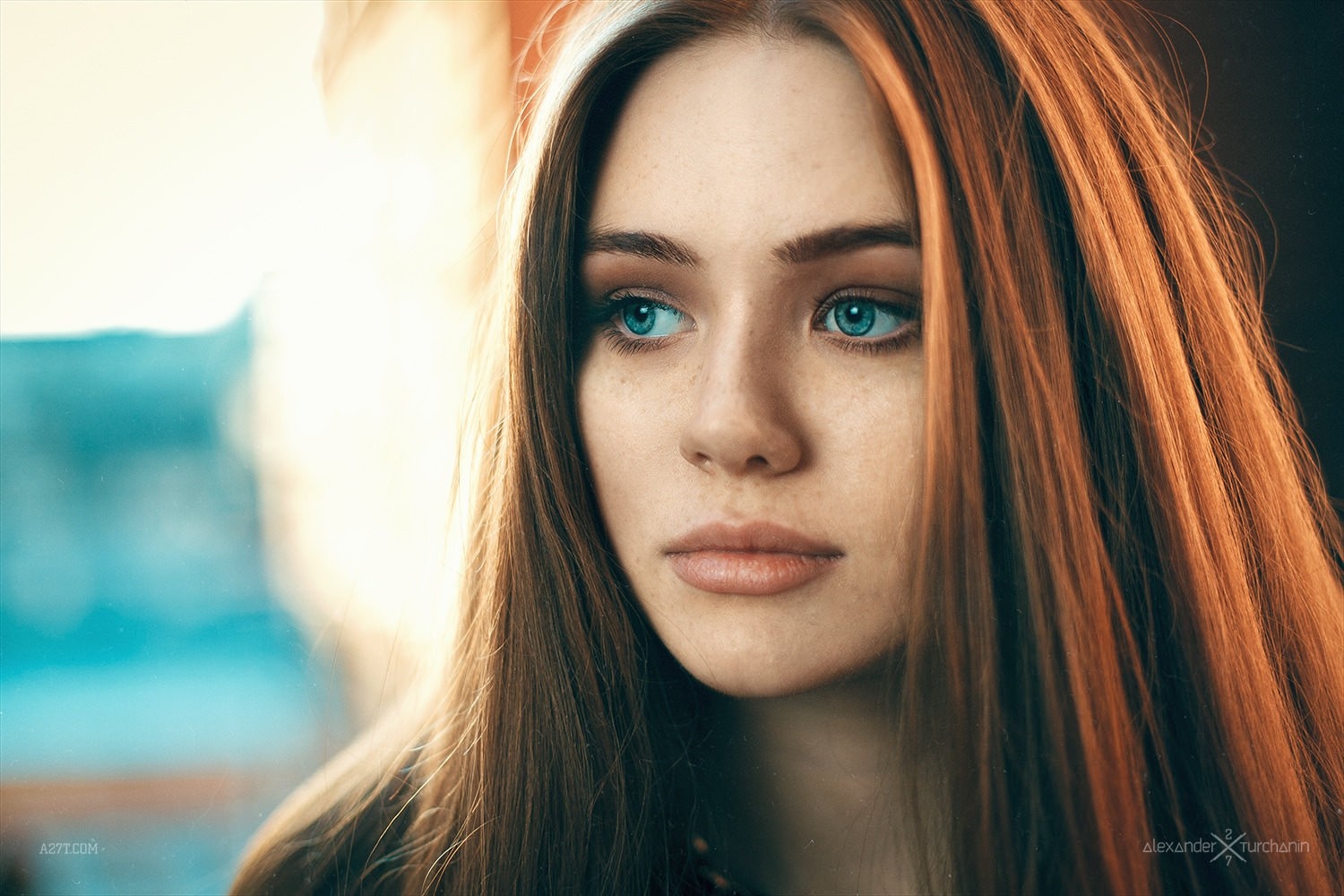 Portrait of a young woman with red hair and blue eyes HD Wallpaper