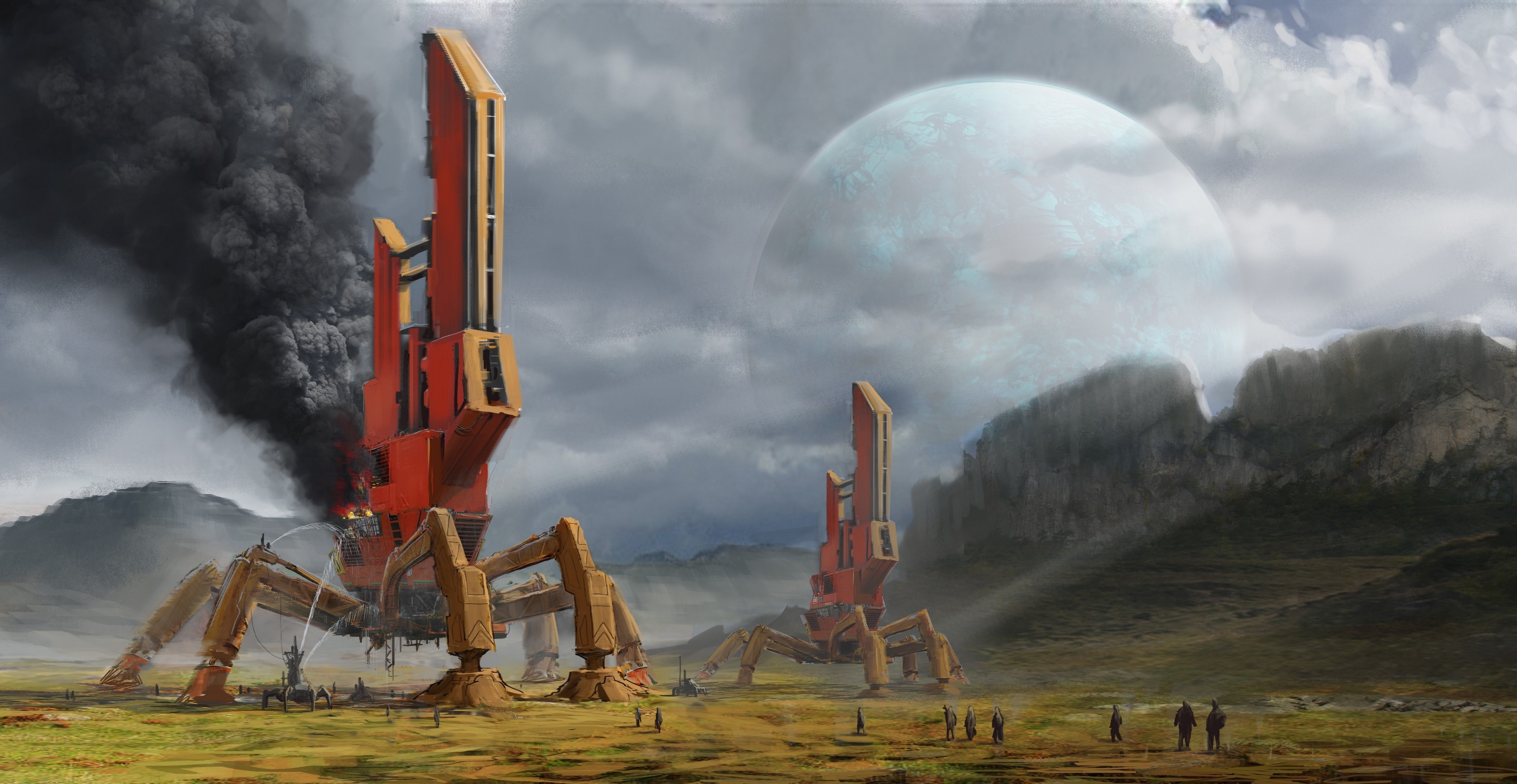 Futuristic spider-like machines on a desolate planet HD Wallpaper
