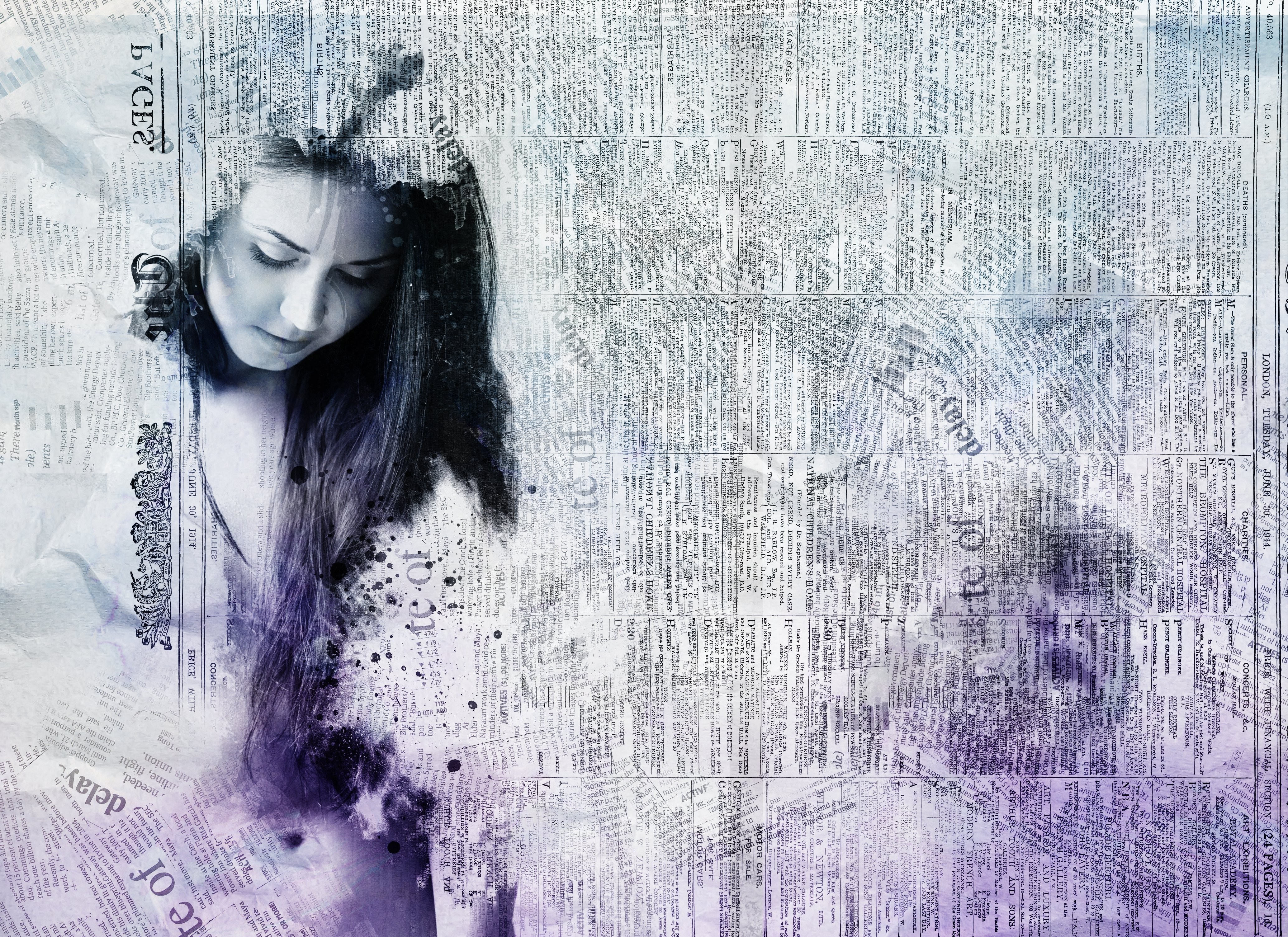 Woman superimposed on newspaper collage HD Wallpaper