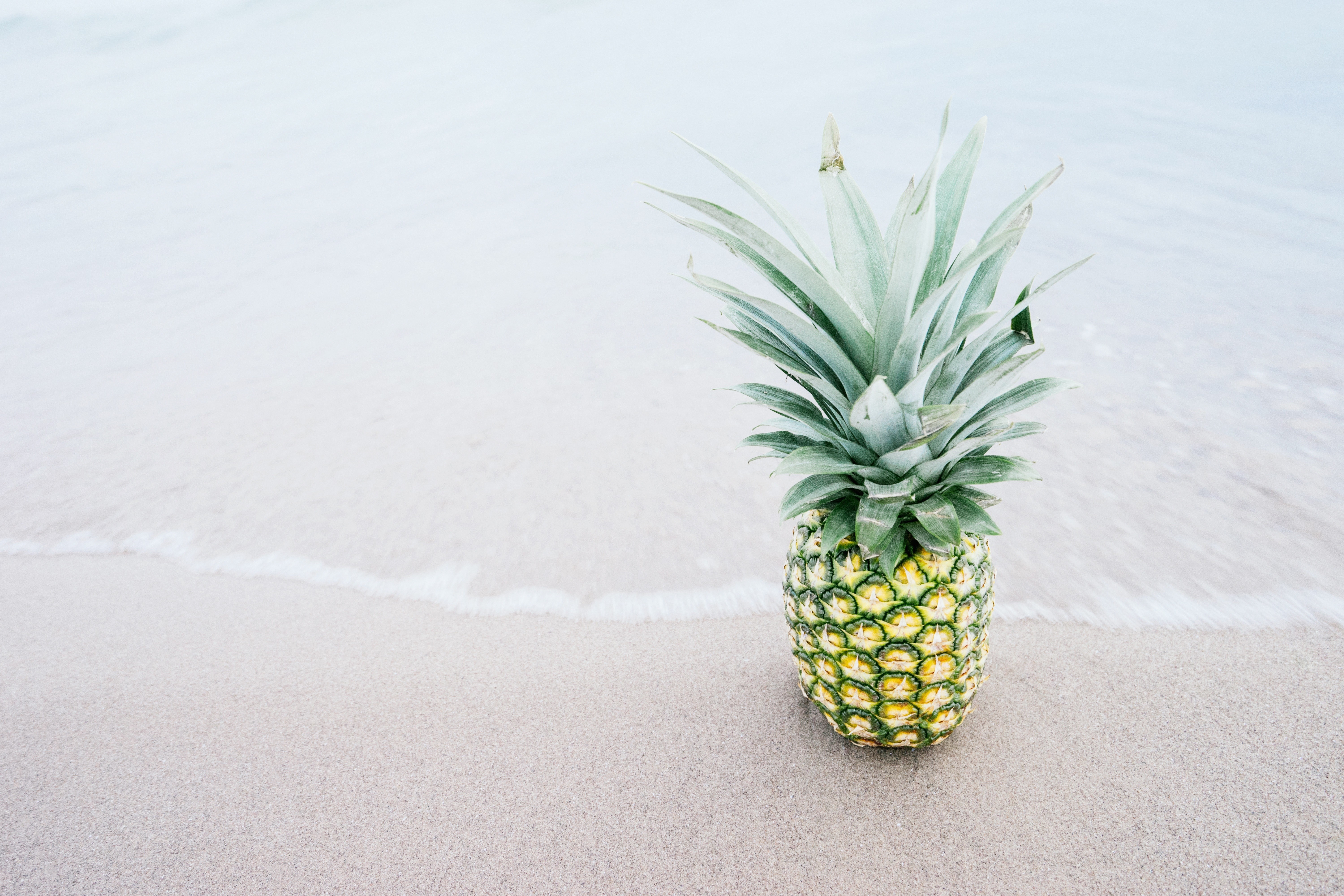Pineapple on a sandy beach with gentle waves HD Wallpaper