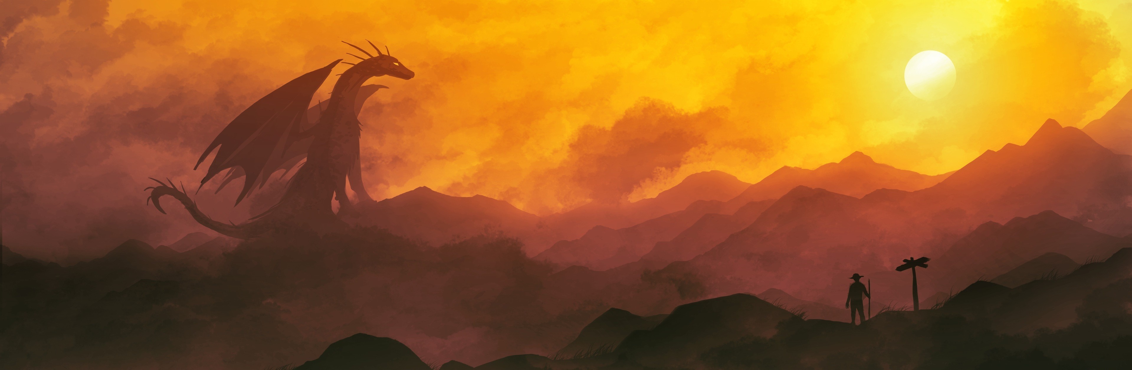 Dragon and traveler at sunset in mountains HD Wallpaper