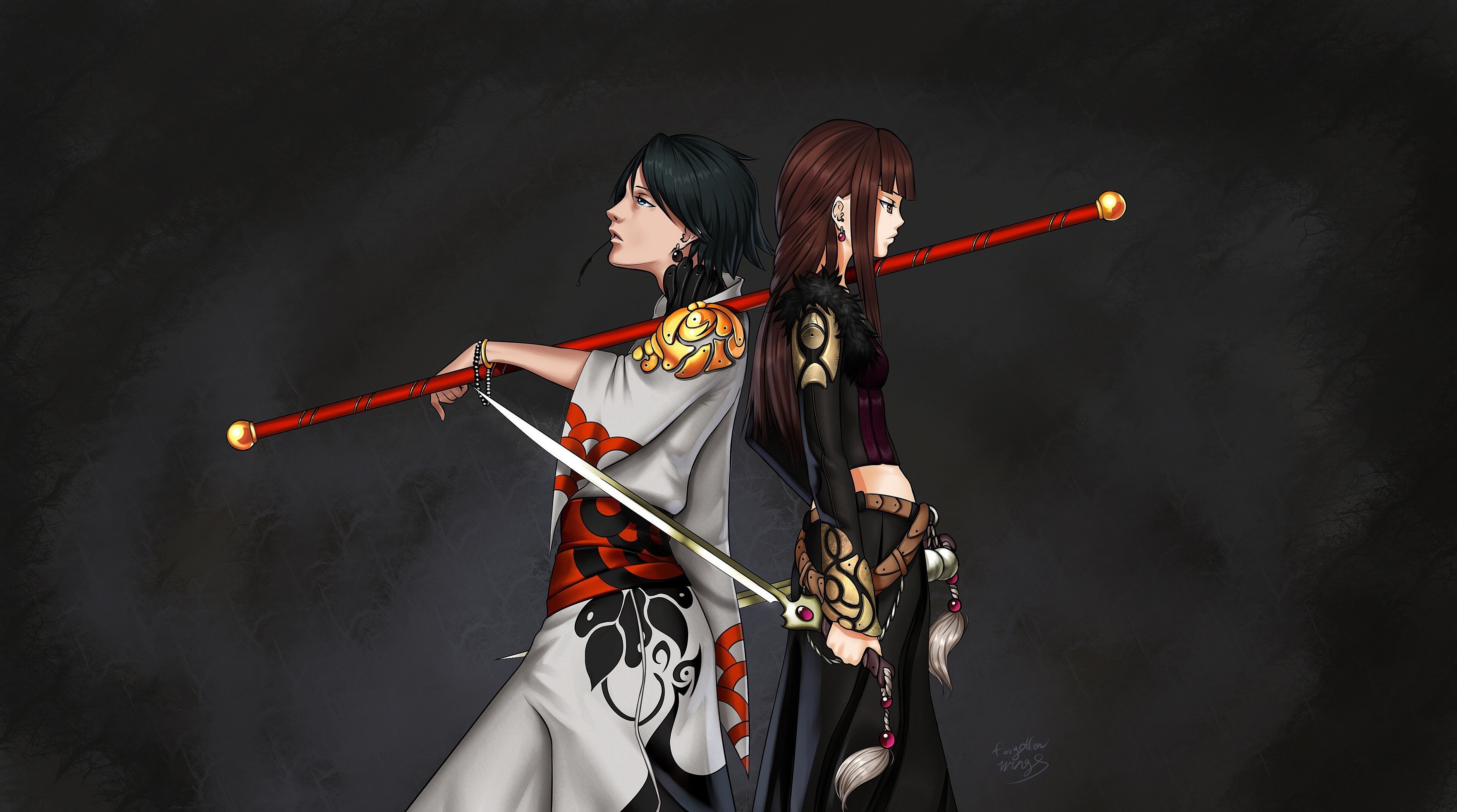 Two anime characters with swords and staffs HD Wallpaper