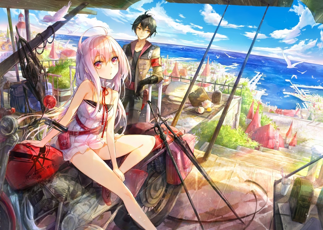 Anime girl and boy with motorcycle overlooking a city by the sea HD Wallpaper