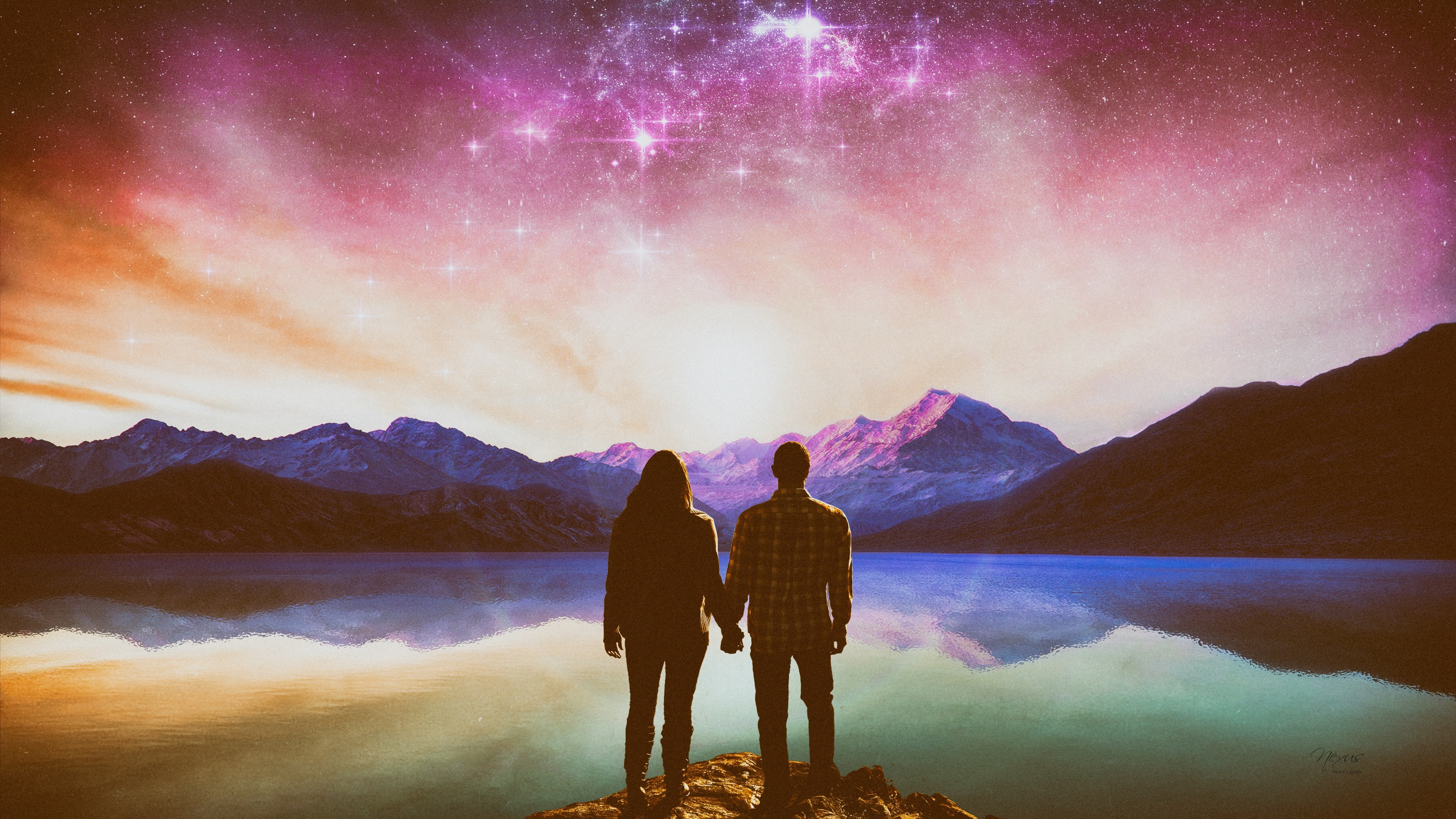 Couple holding hands watching a starry sunrise over mountains and lake HD Wallpaper