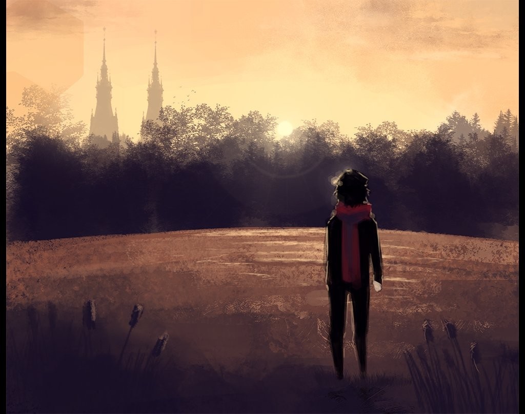 Person in a field at sunset with distant spires HD Wallpaper