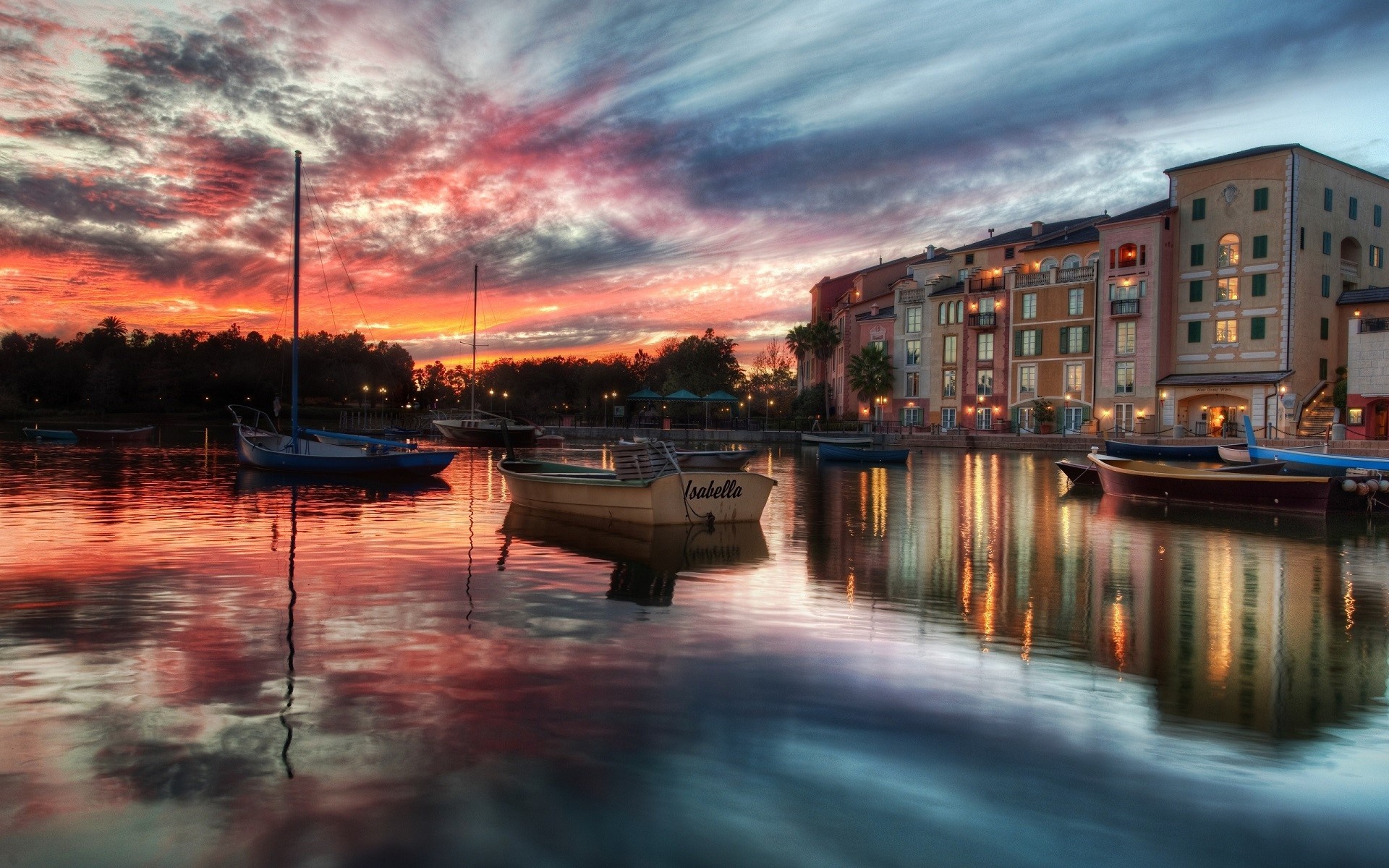 Boats on a canal at sunset with buildings HD Wallpaper