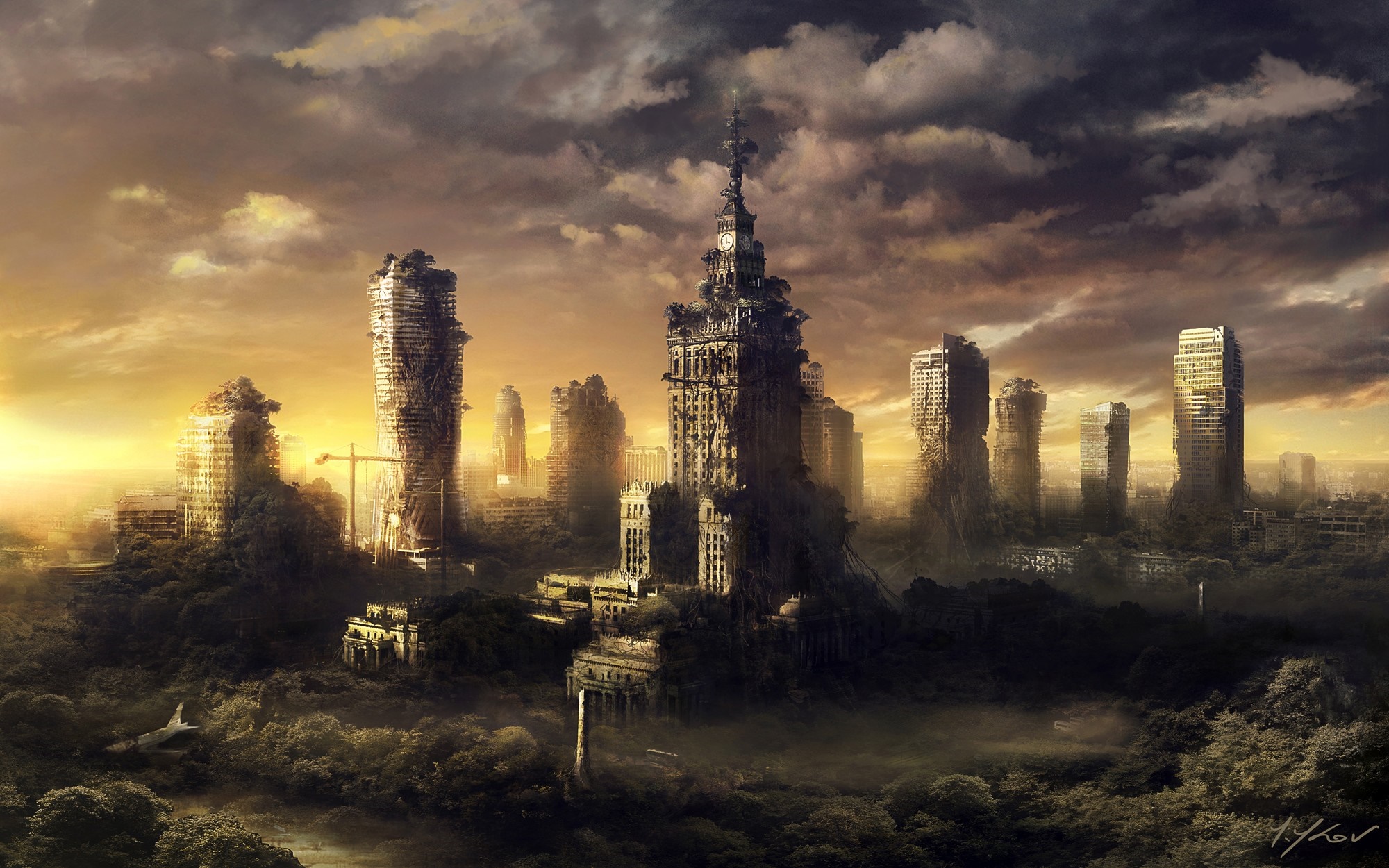 Warsaw Skyline in Apocalyptic Ruins at Dusk HD Wallpaper