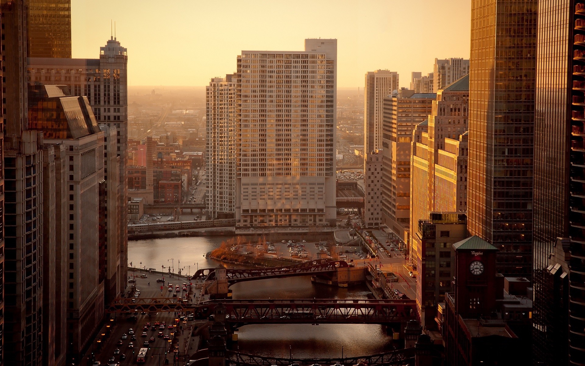 Chicago cityscape at sunset with river and bridges HD Wallpaper