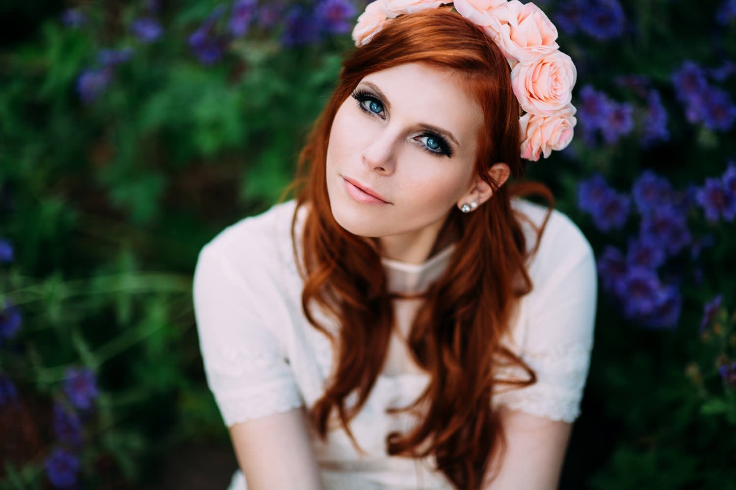 Redhead woman with flower crown in portrait photography HD Wallpaper