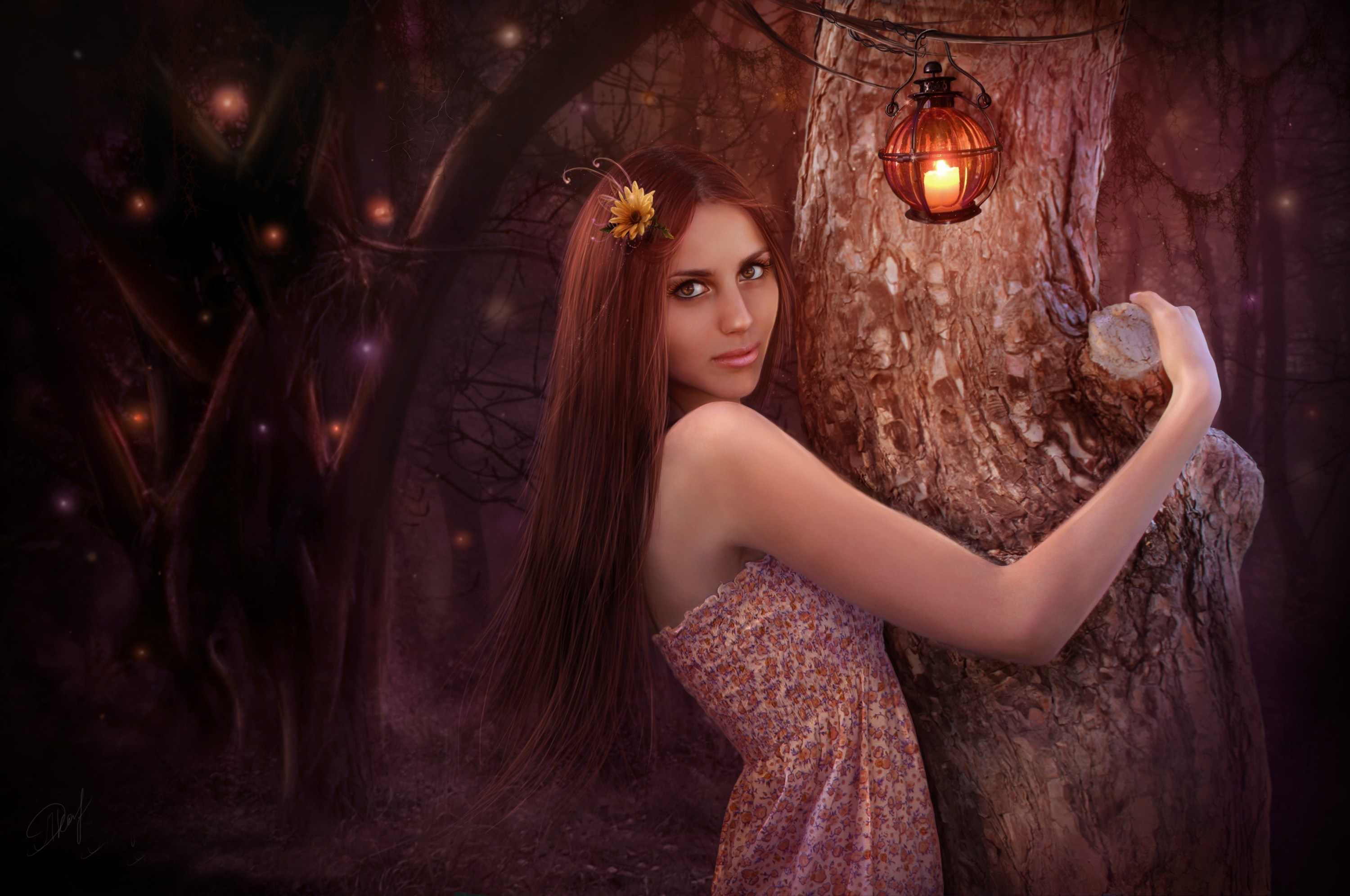 Fantasy art of a woman in a forest with a lantern HD Wallpaper