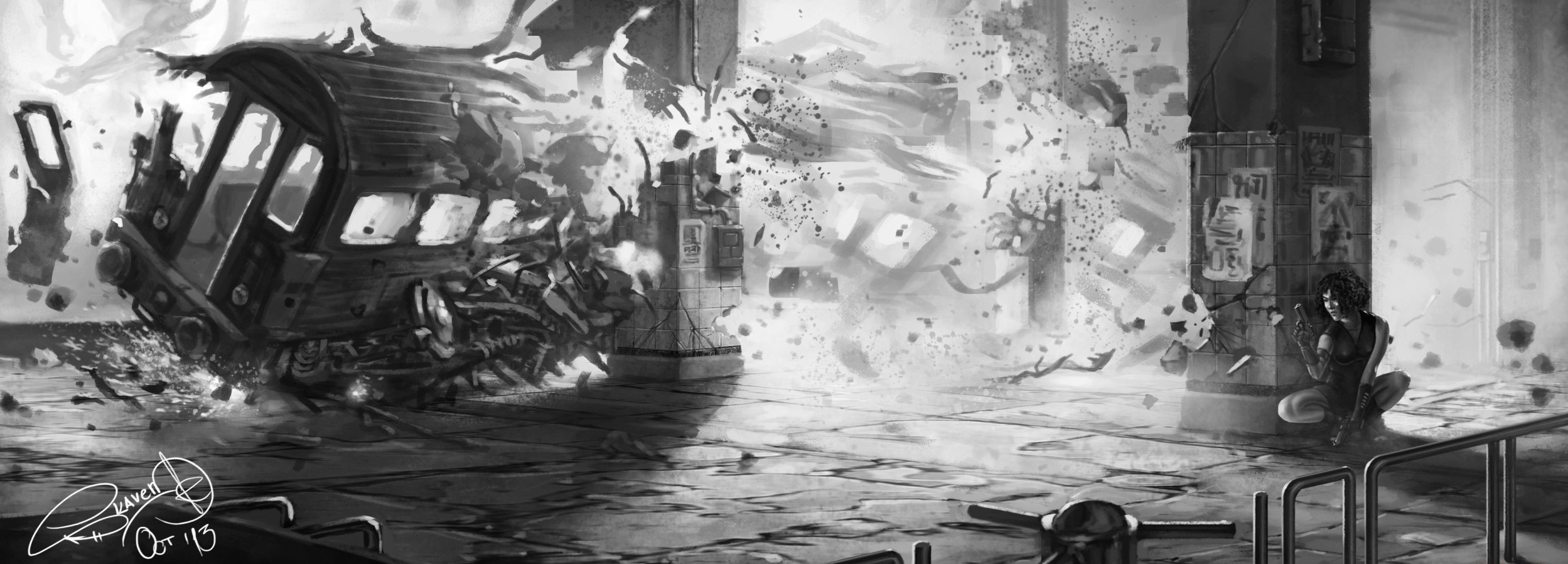 Artwork of a train explosion with a person holding a gun HD Wallpaper