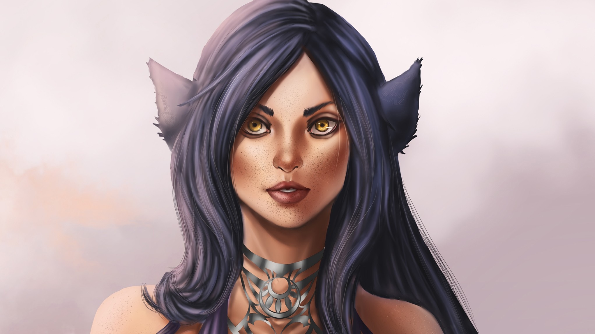 Fantasy art of a woman with cat ears and long hair HD Wallpaper