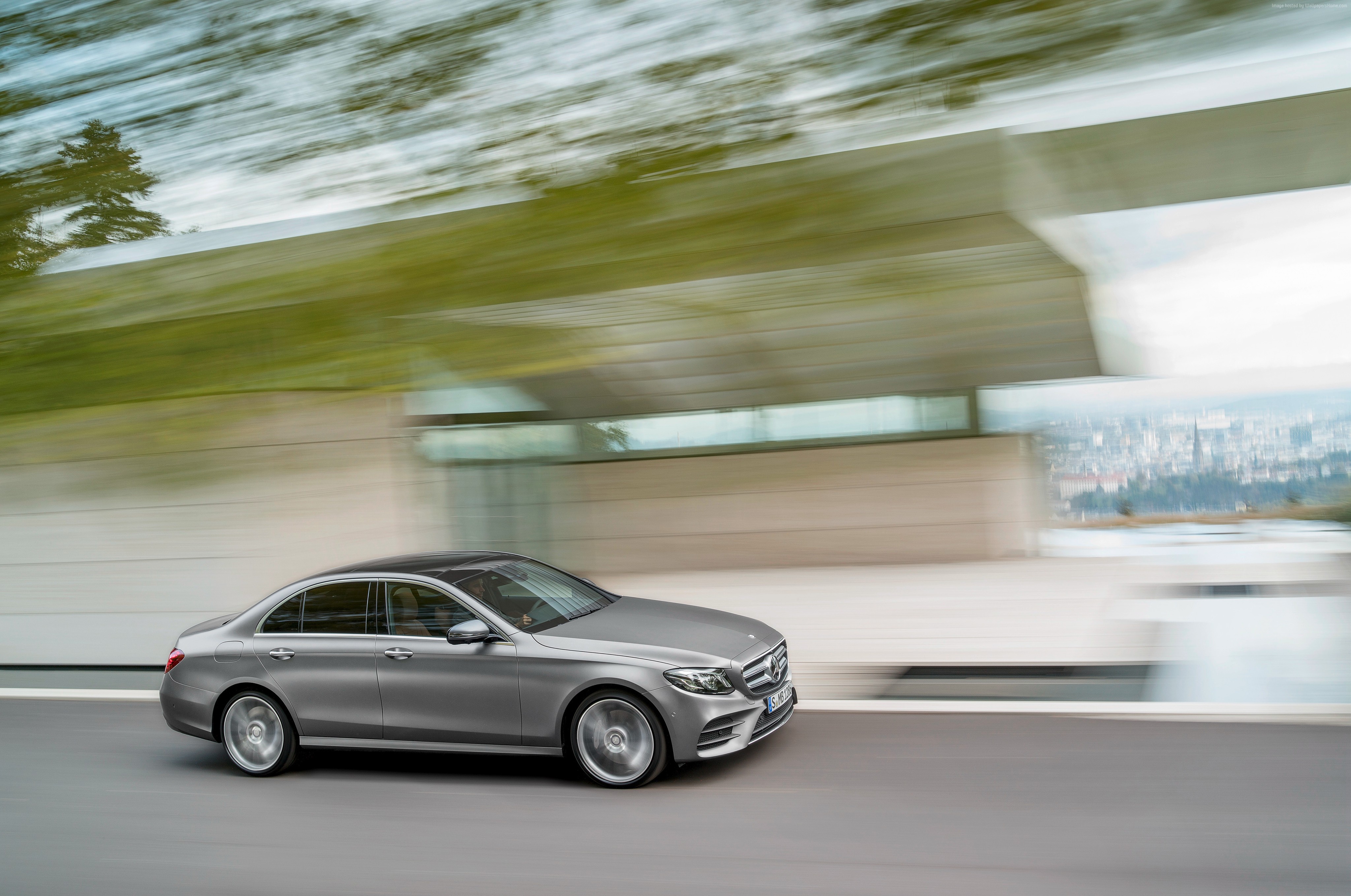 Grey Mercedes Benz E 400 Sedan in Motion HD Wallpaper